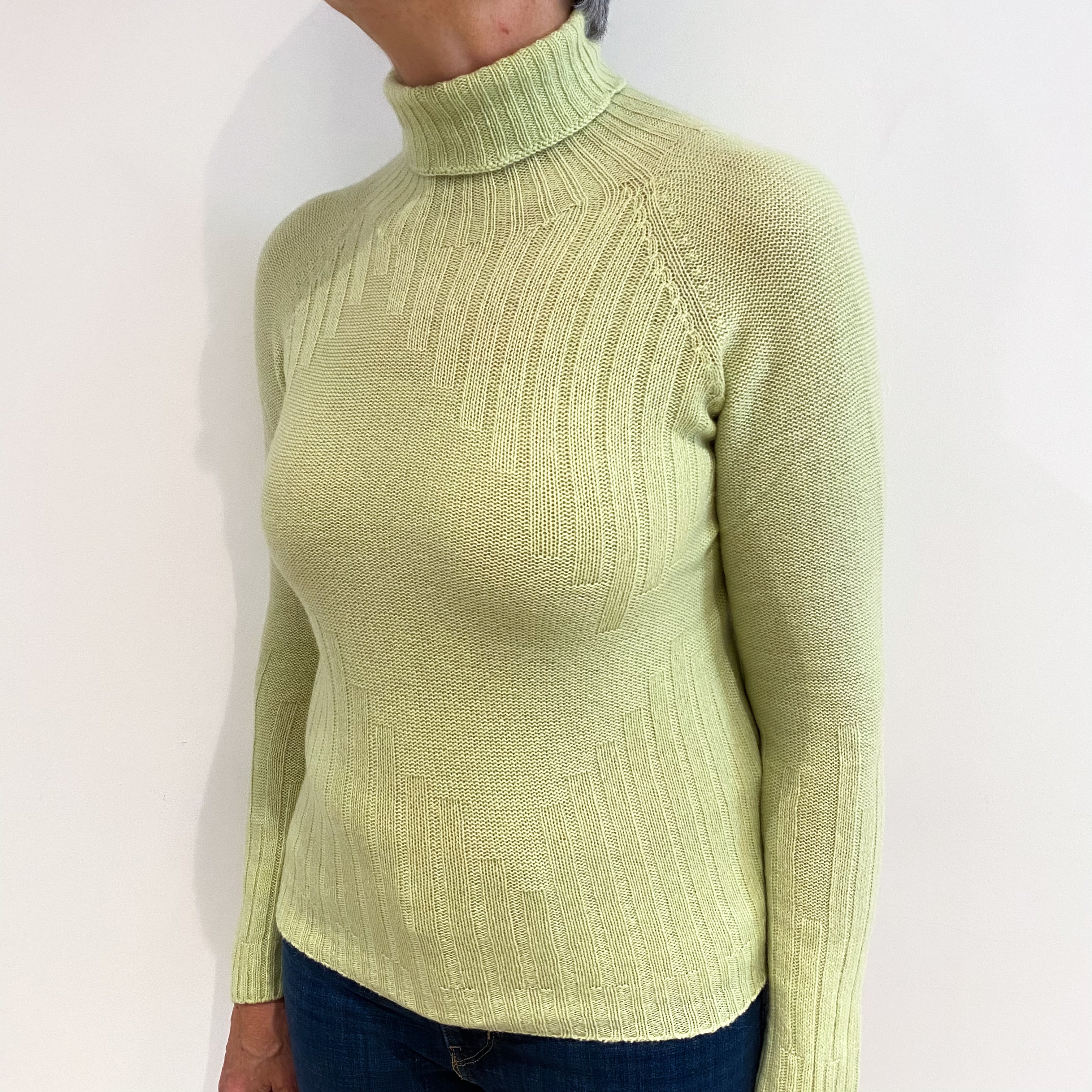 Pistachio Green Rib Detail Cashmere Polo Neck Jumper Medium