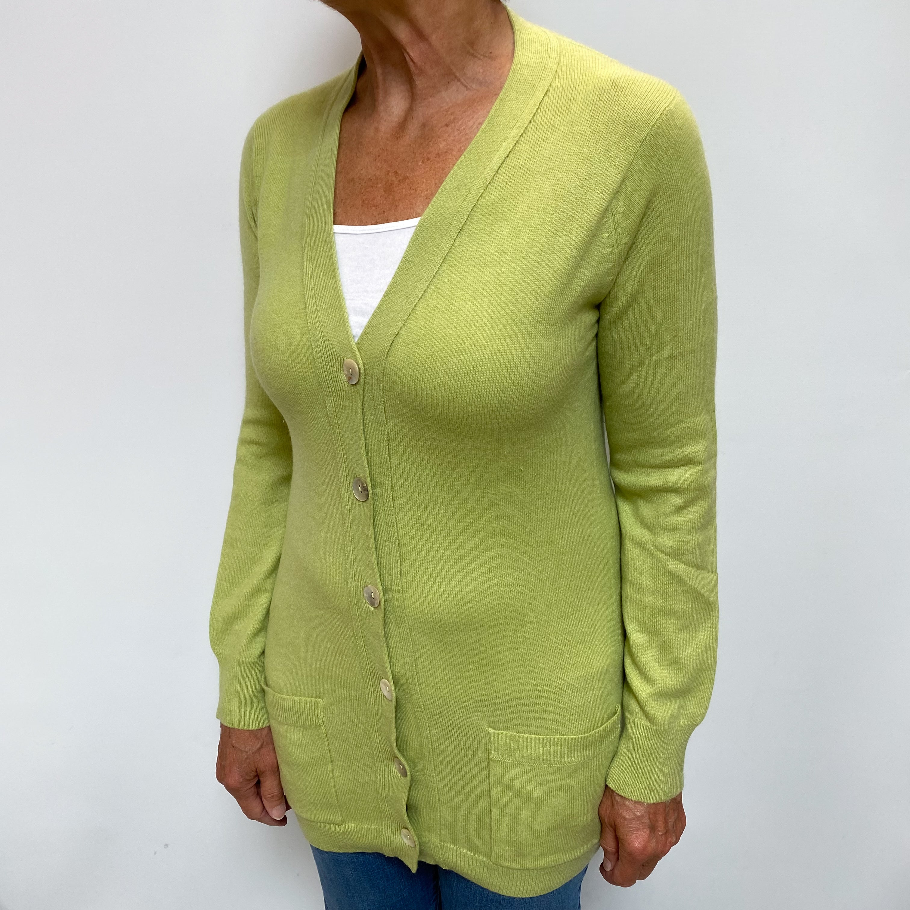 Deep Pistachio Green Cashmere Longline Cardigan with Pockets Medium