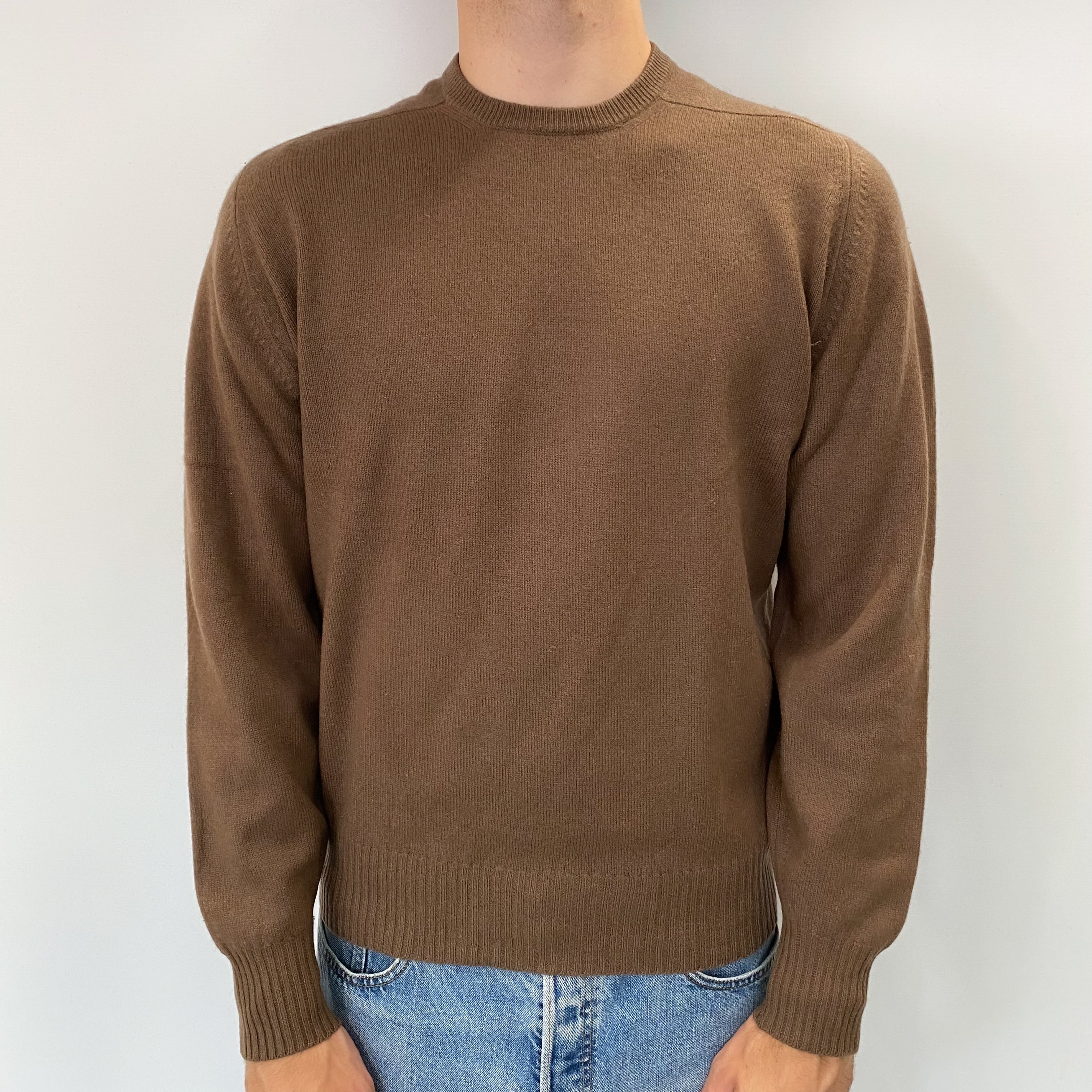 Men's Vintage Scottish Donkey Brown Cashmere Crew Neck Jumper Large