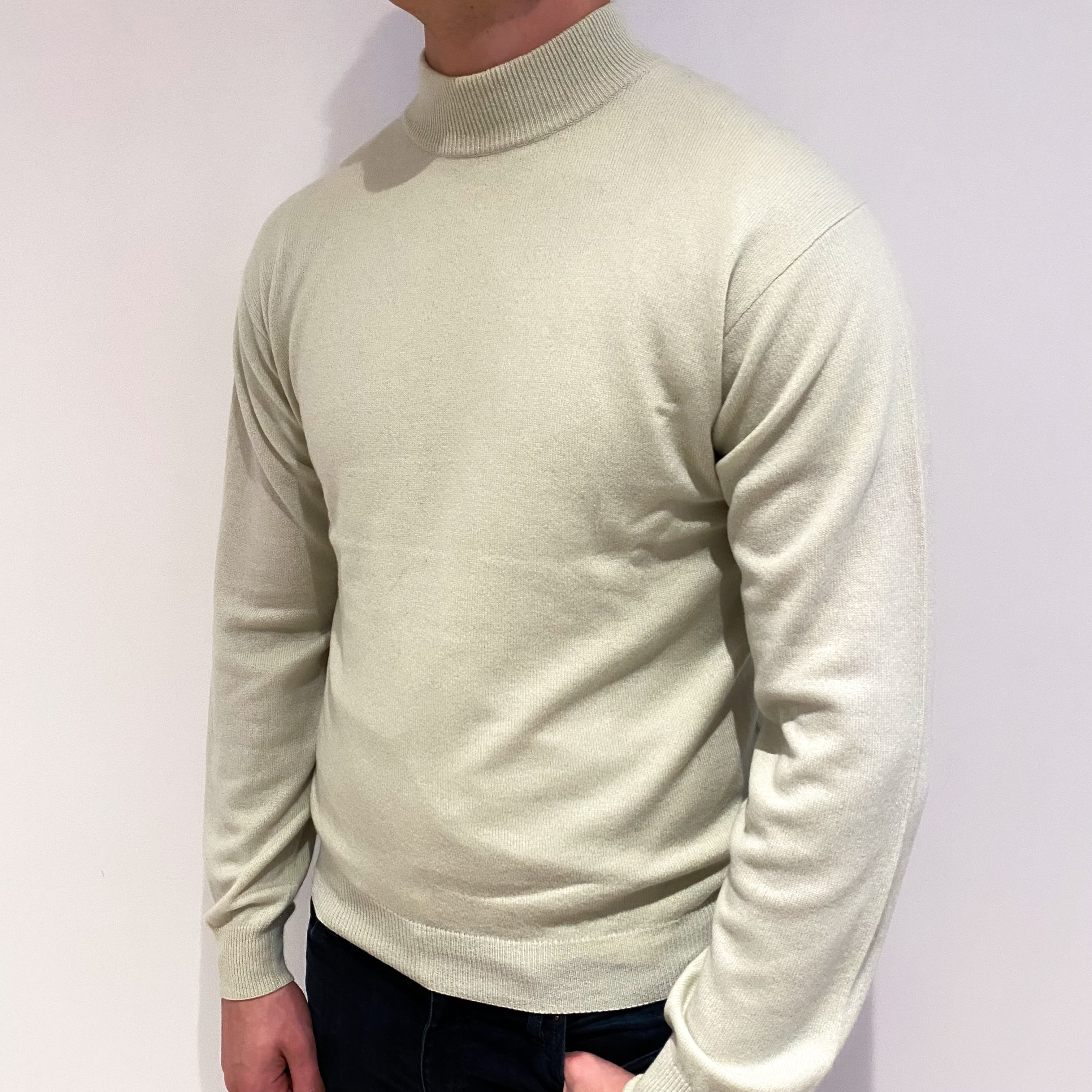 Men's Celery Green Cashmere Turtle Neck Jumper XL