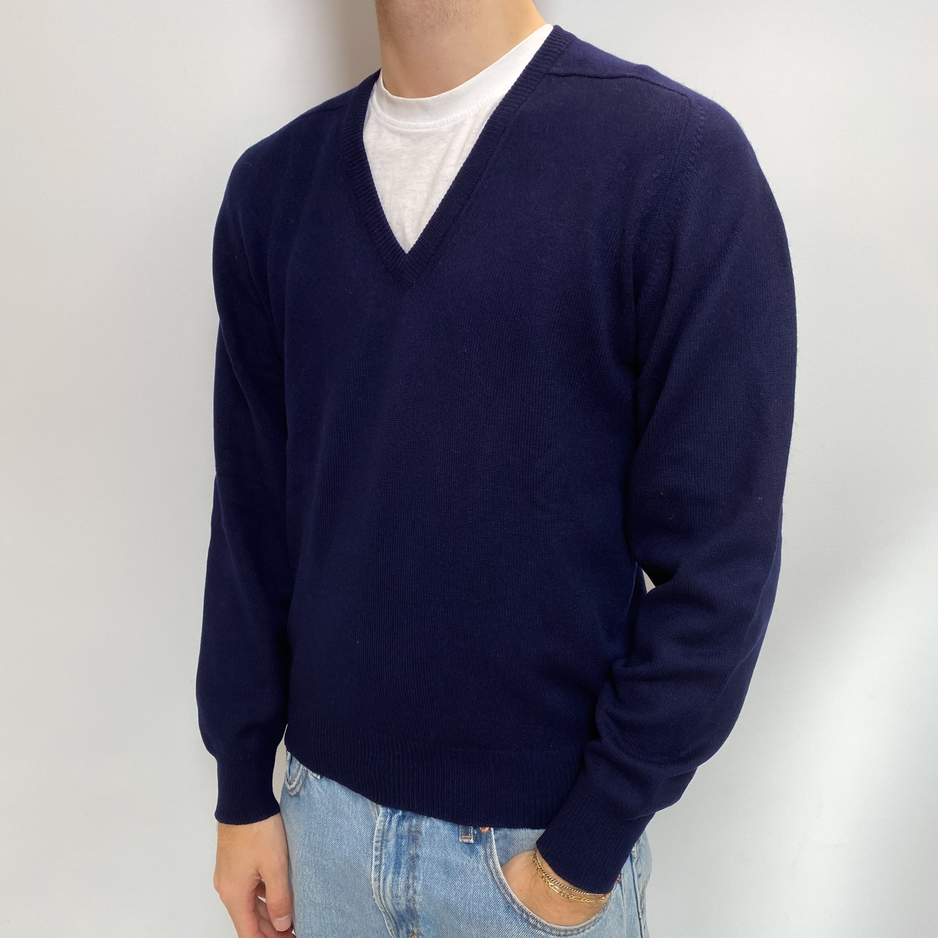 Men's Navy Blue Cashmere V Neck Jumper Medium