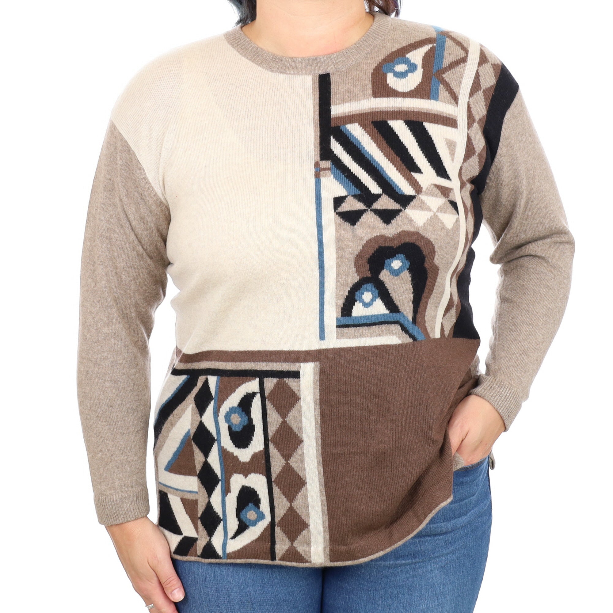 Brown Geometric Cashmere Crew Neck Jumper Large