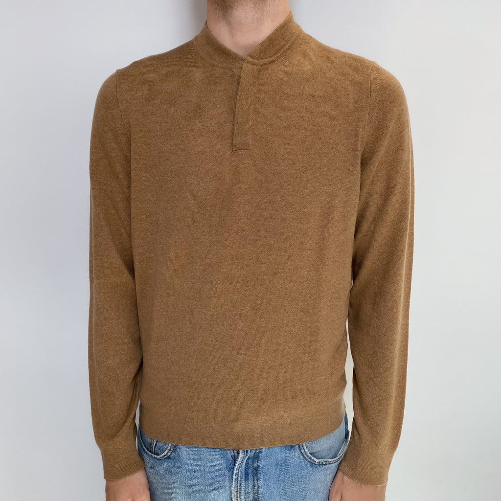 Men's Butterscotch Brown Cashmere Buttoned Crew Neck Jumper Large