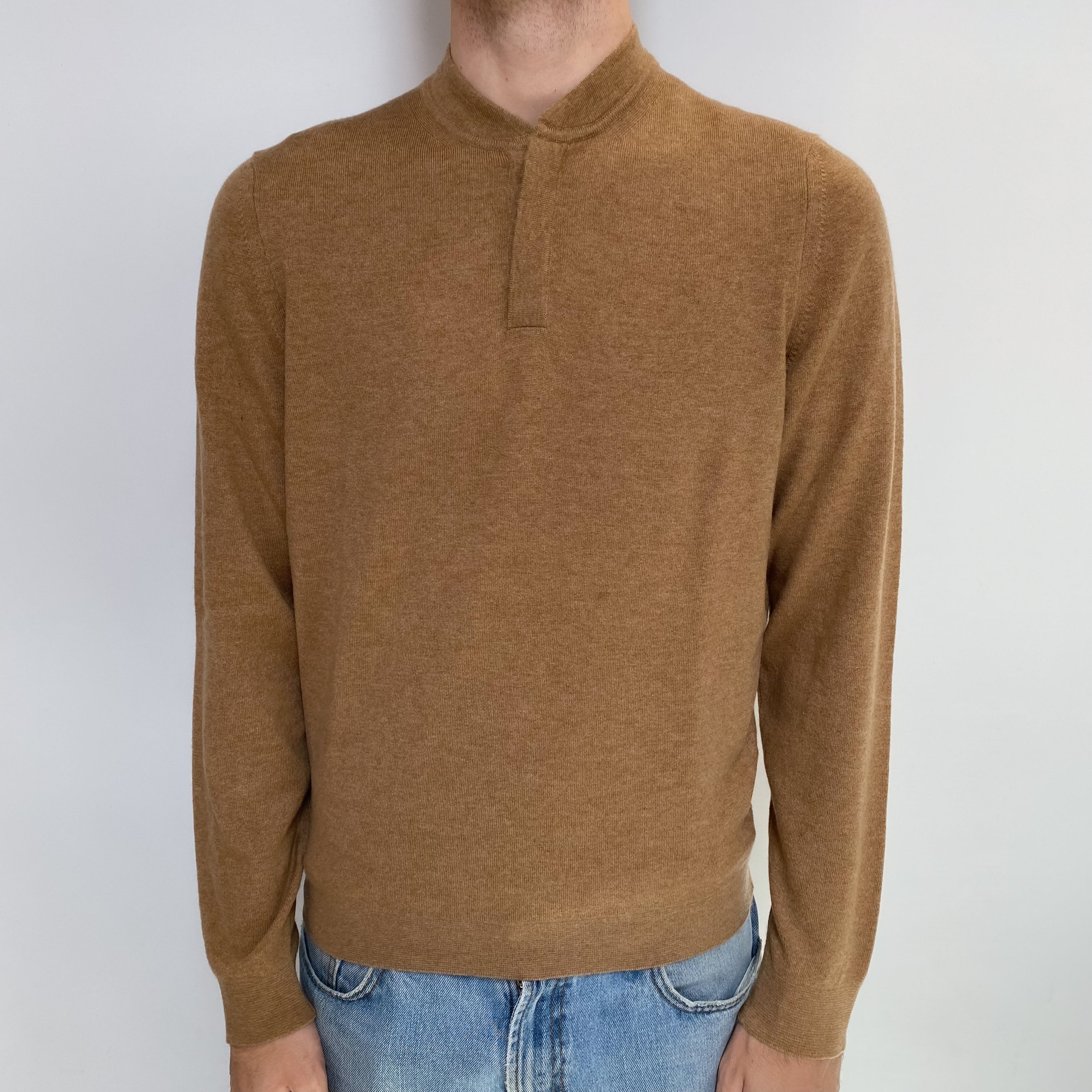 Men's Butterscotch Brown Cashmere Buttoned Crew Neck Jumper Large