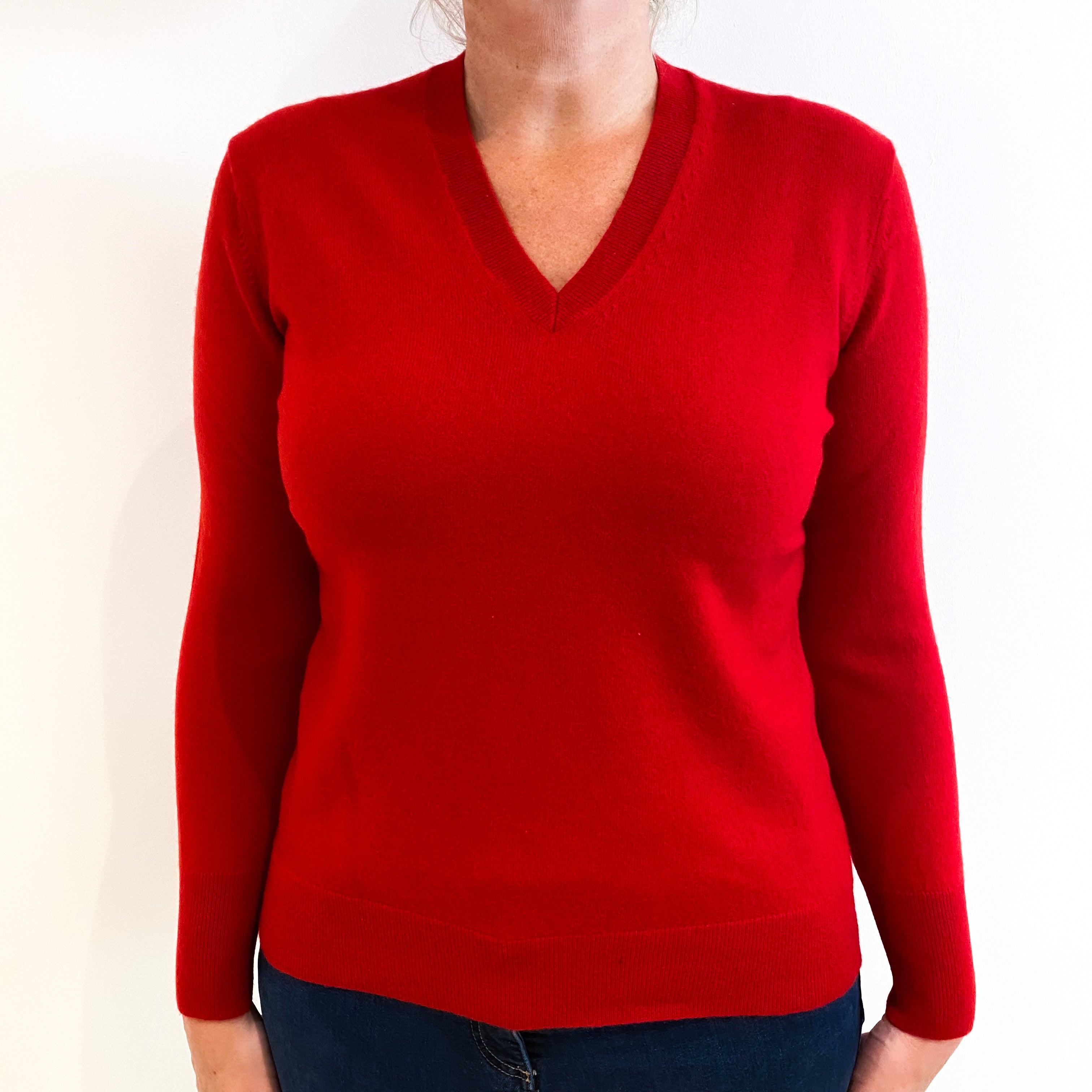 Post Box Red Cashmere V-Neck Jumper Large