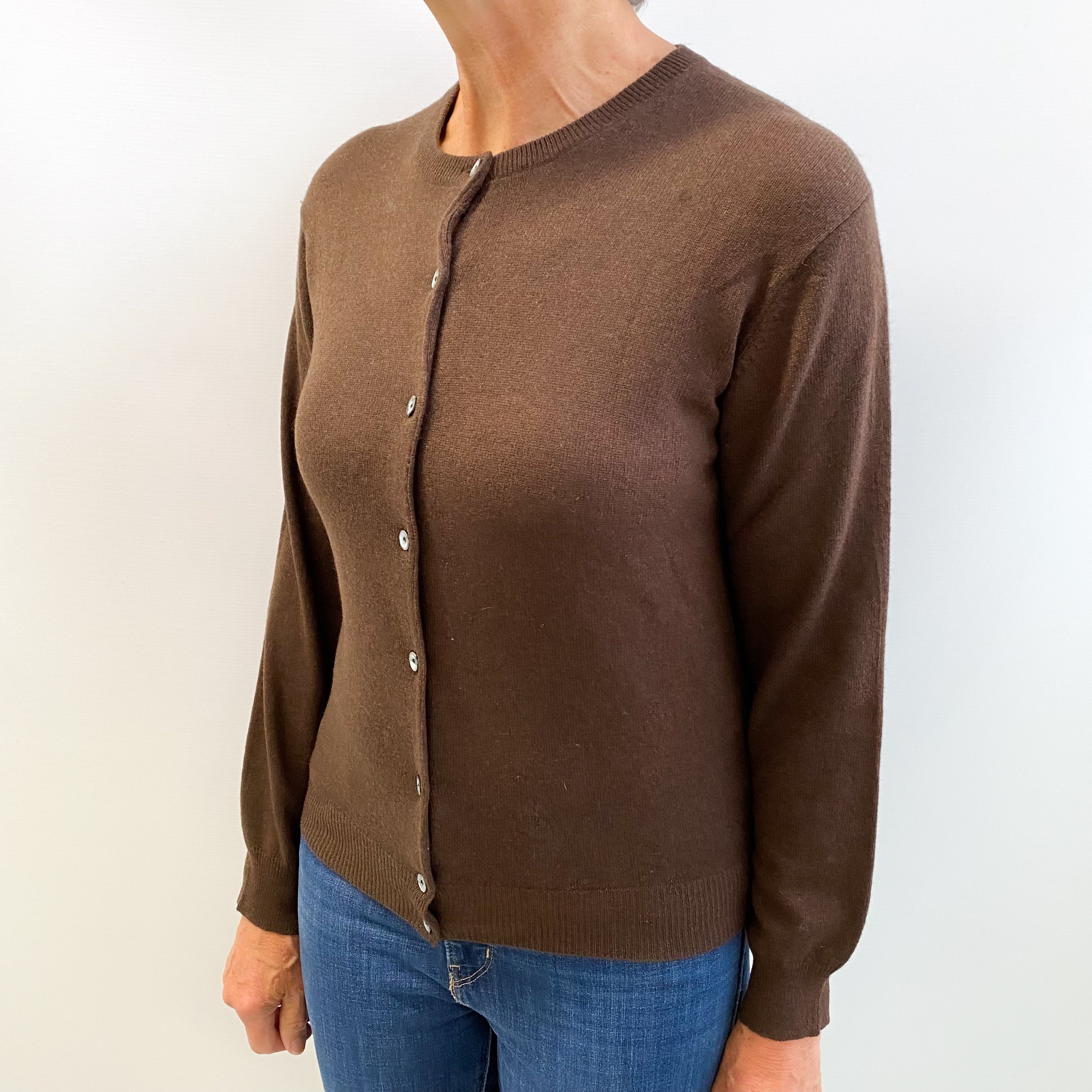 Chocolate Brown Cashmere Crew Neck Cardigan Medium