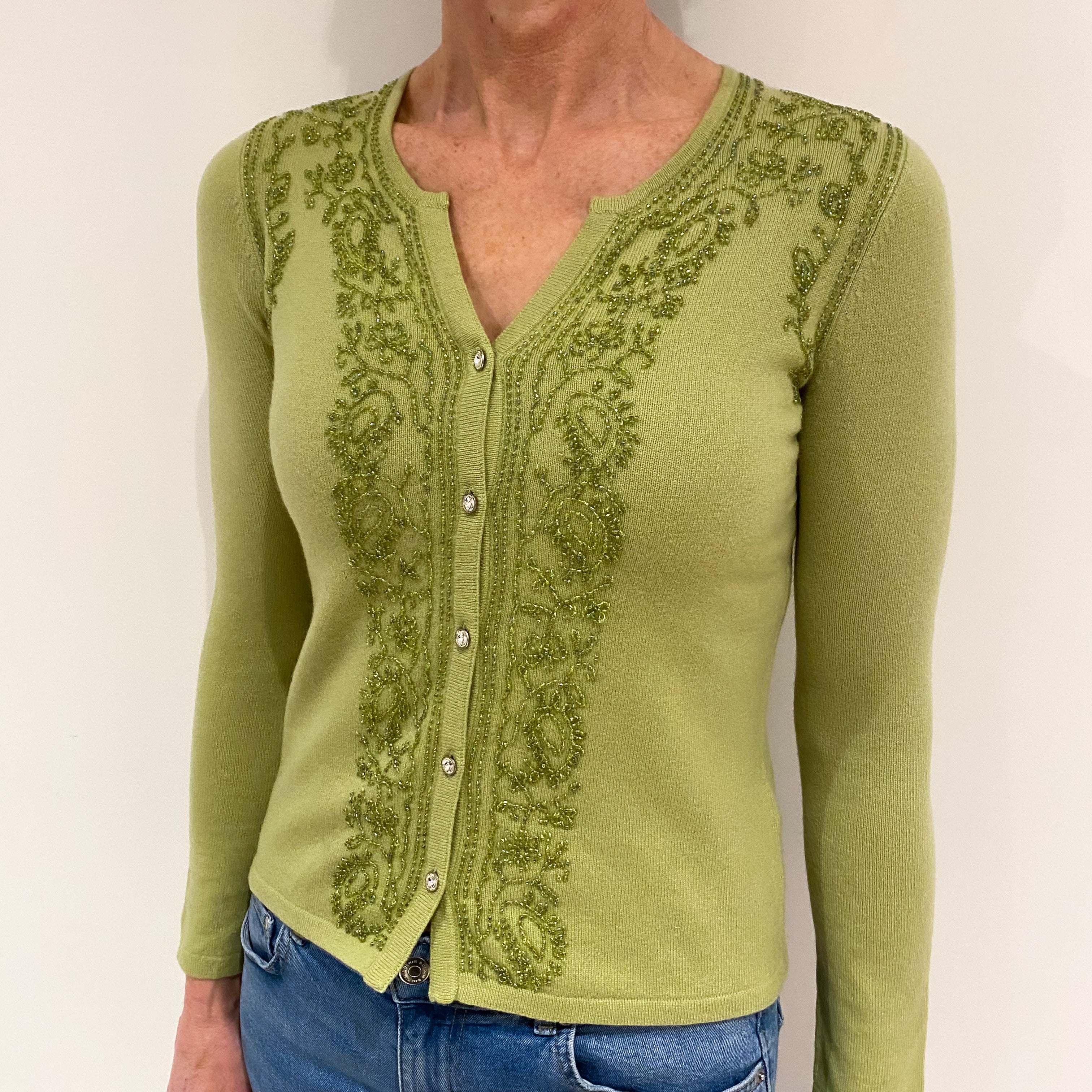 Pistachio Green Bead Embellished Cashmere Notch Neck Cardigan Small