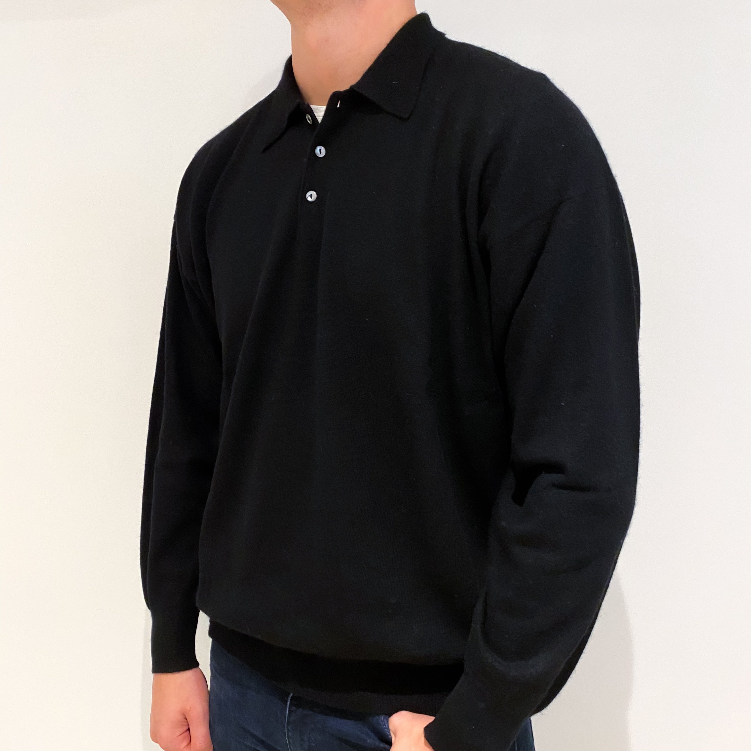 Men's Scottish Black Cashmere Collared 1/4 Button Jumper Extra Extra Large