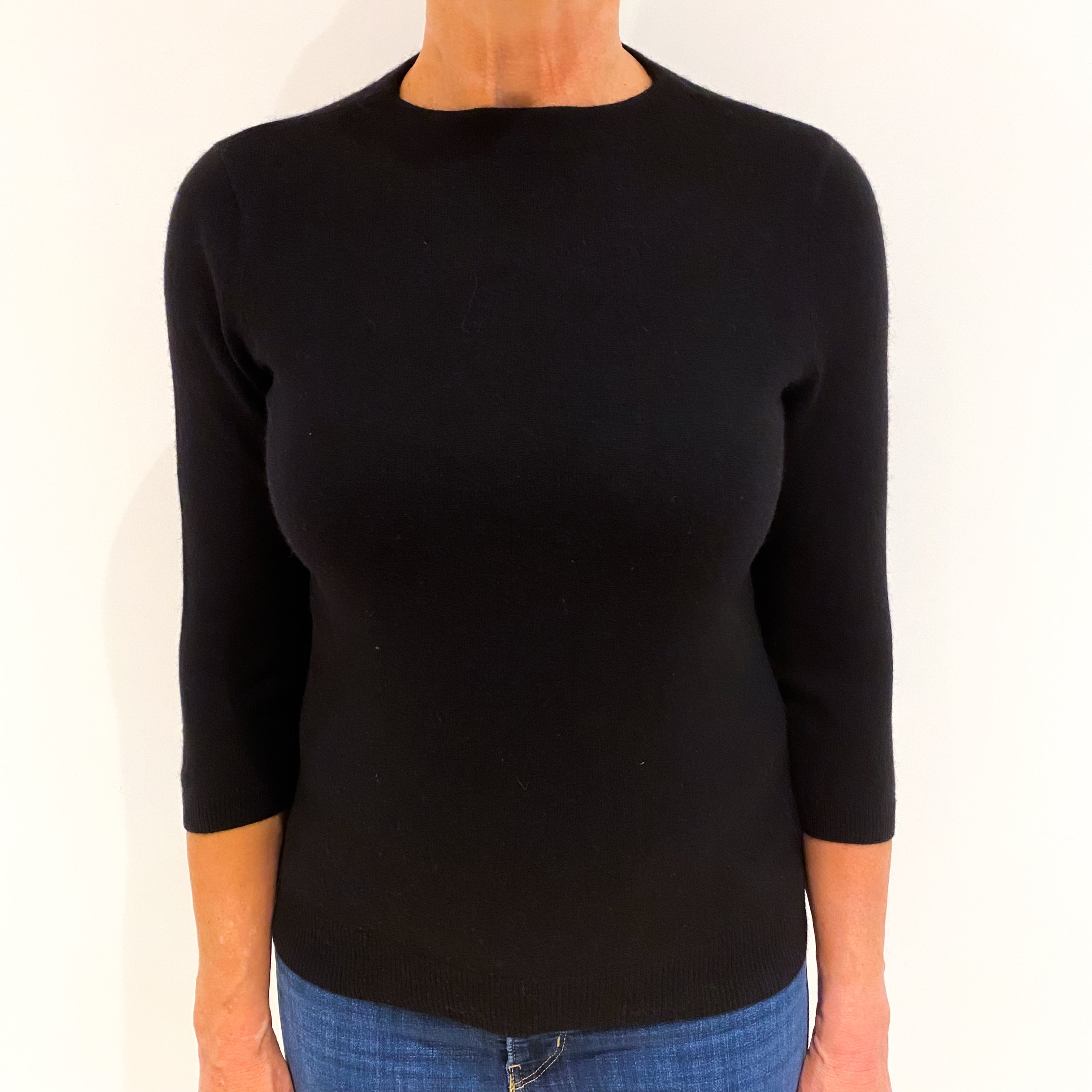 Black 3/4 Sleeved Cashmere Crew Neck Jumper Medium