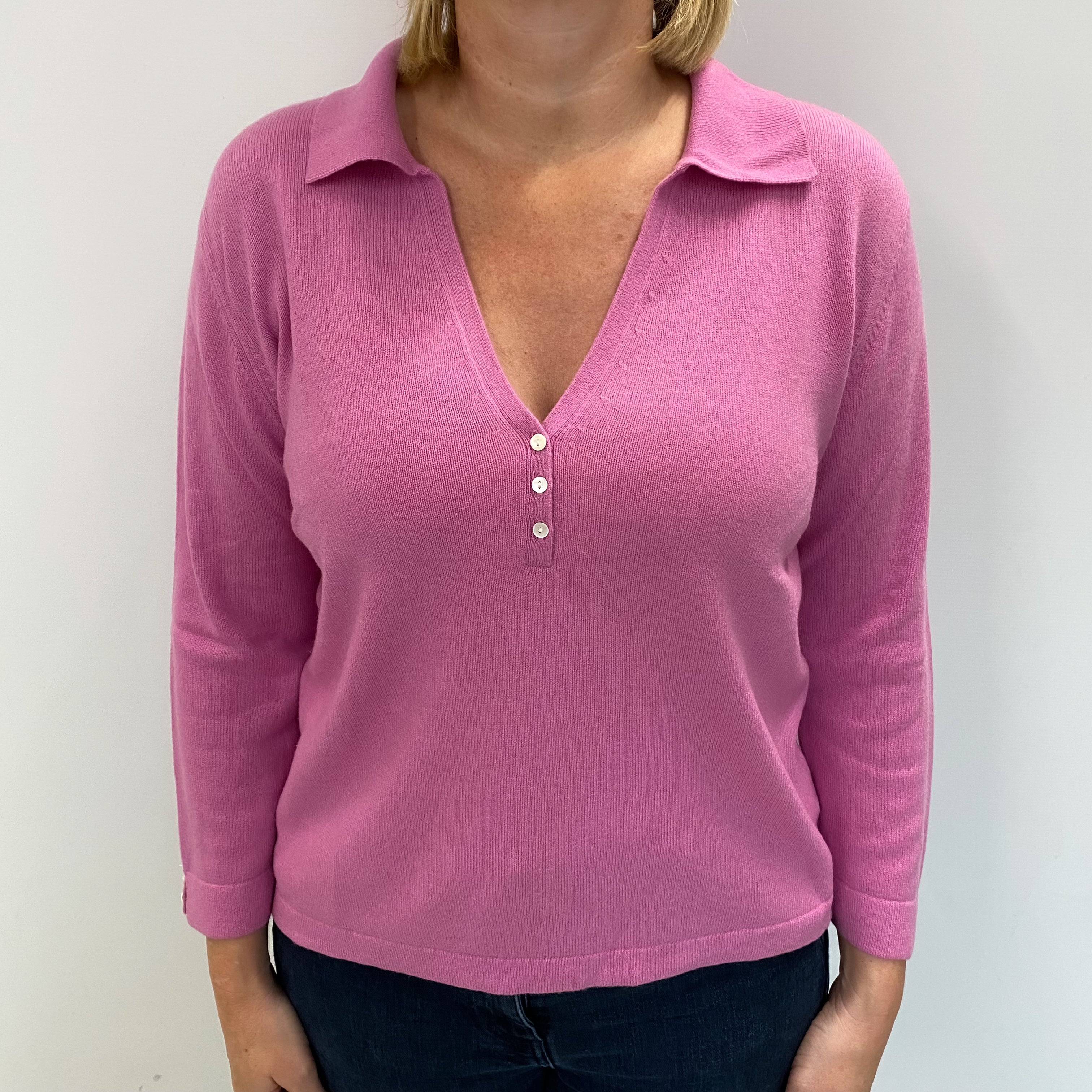 Bubblegum Pink Cashmere Collared V Neck Jumper Large