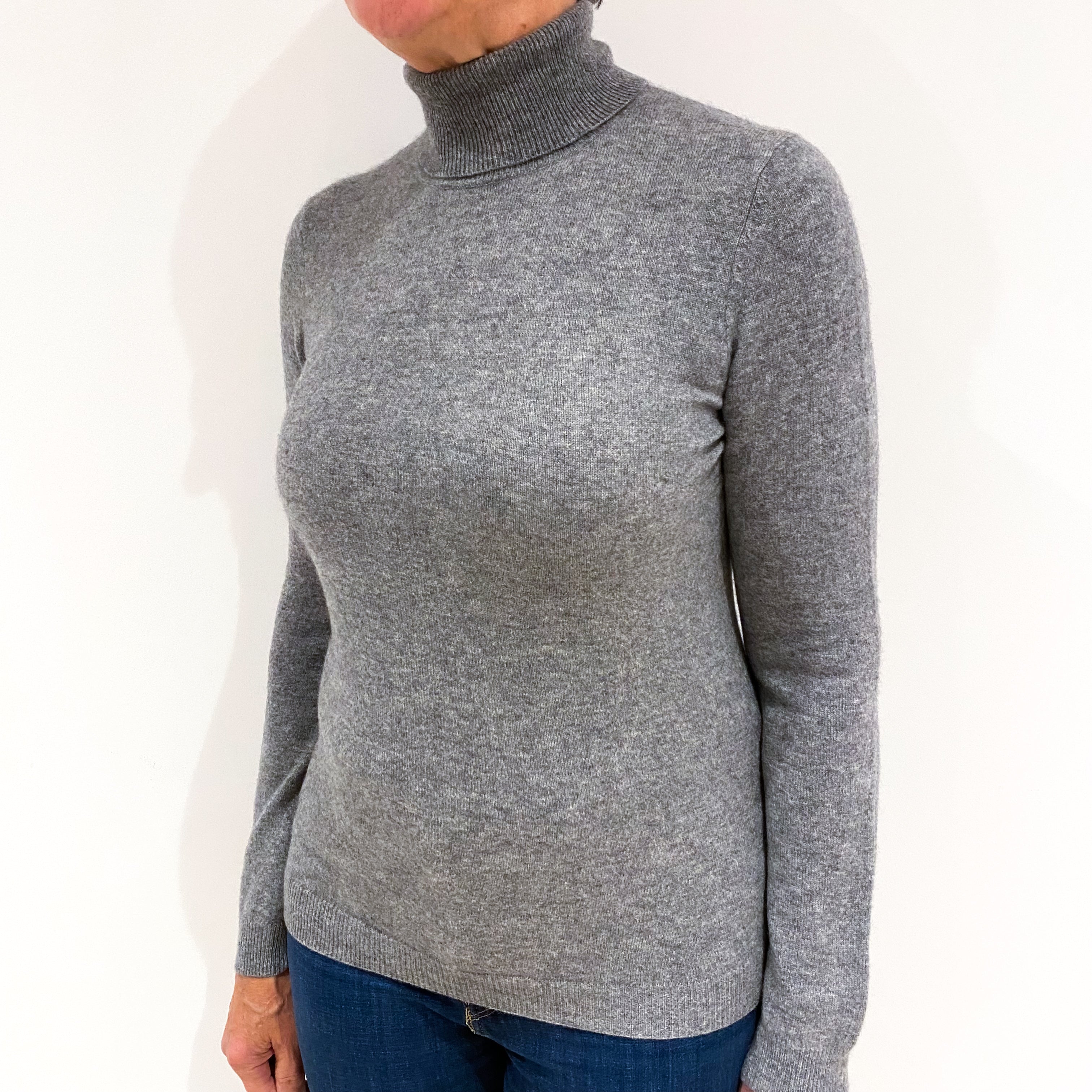 Ash Grey Cashmere Polo Neck Jumper Medium