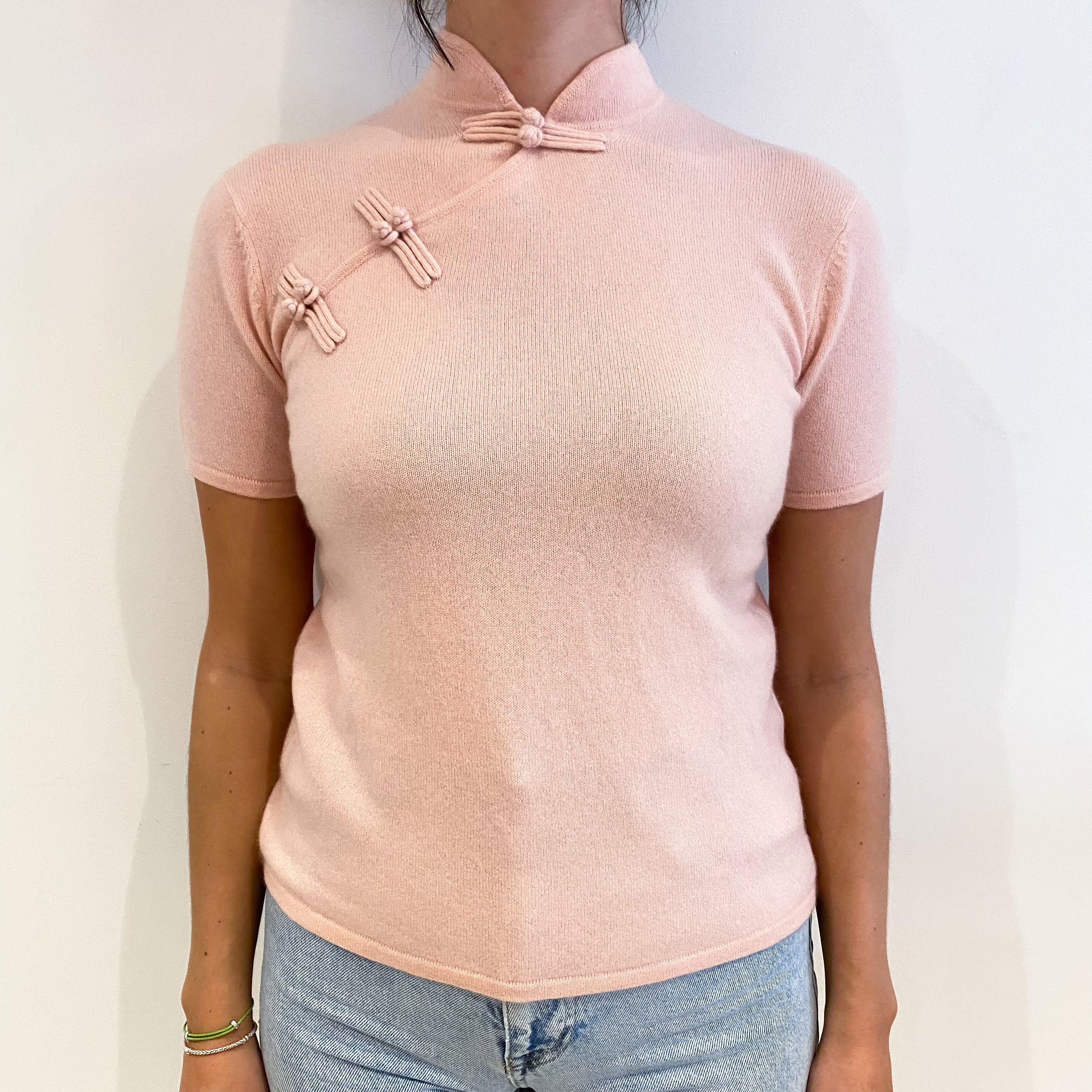 Shell Pink Cashmere Mandarin Neck Short Sleeved Jumper Small