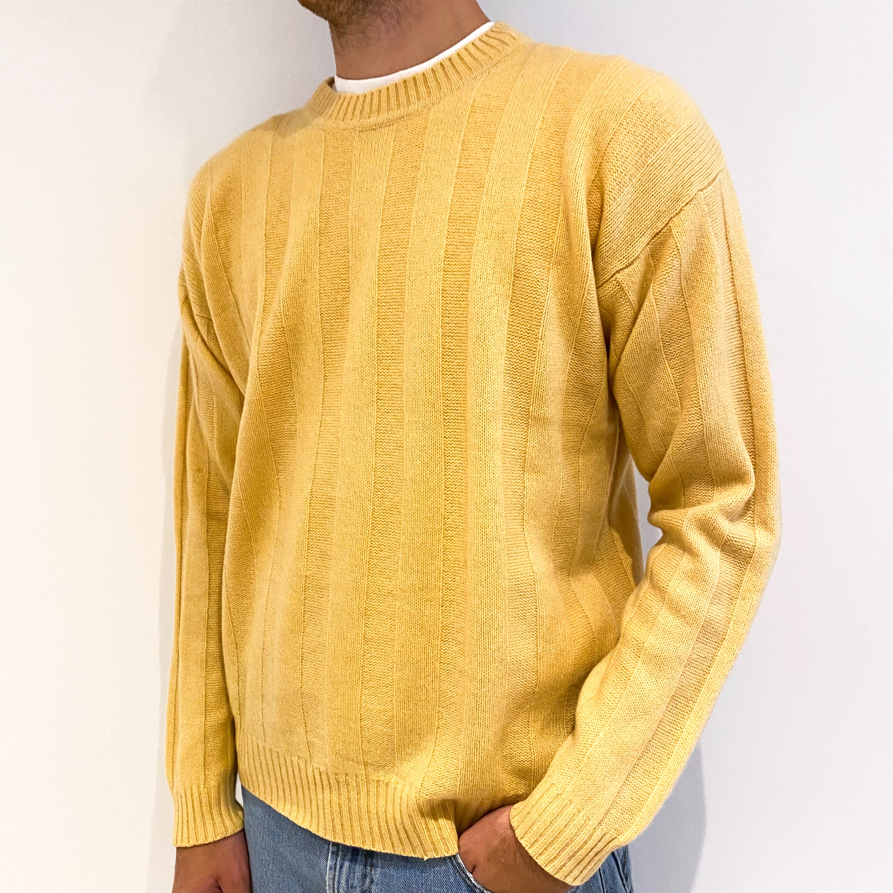 Men's Vintage Yellow Rib Cashmere Crew Neck Jumper Medium