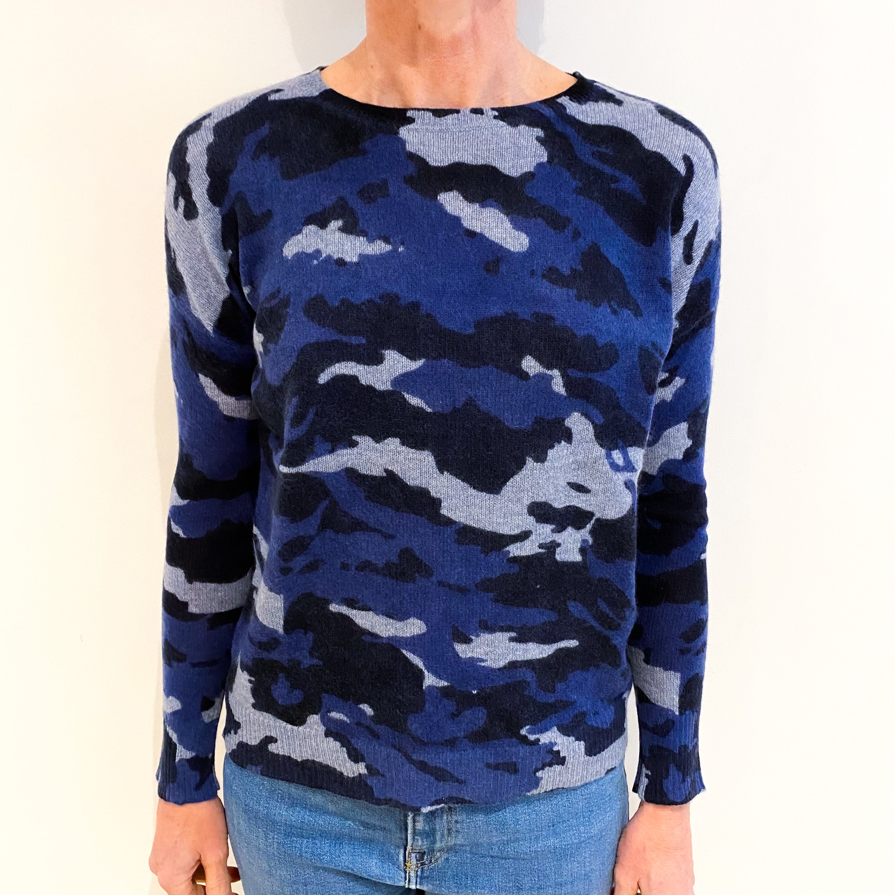 Blue Camouflage Cashmere Crew Neck Jumper Small