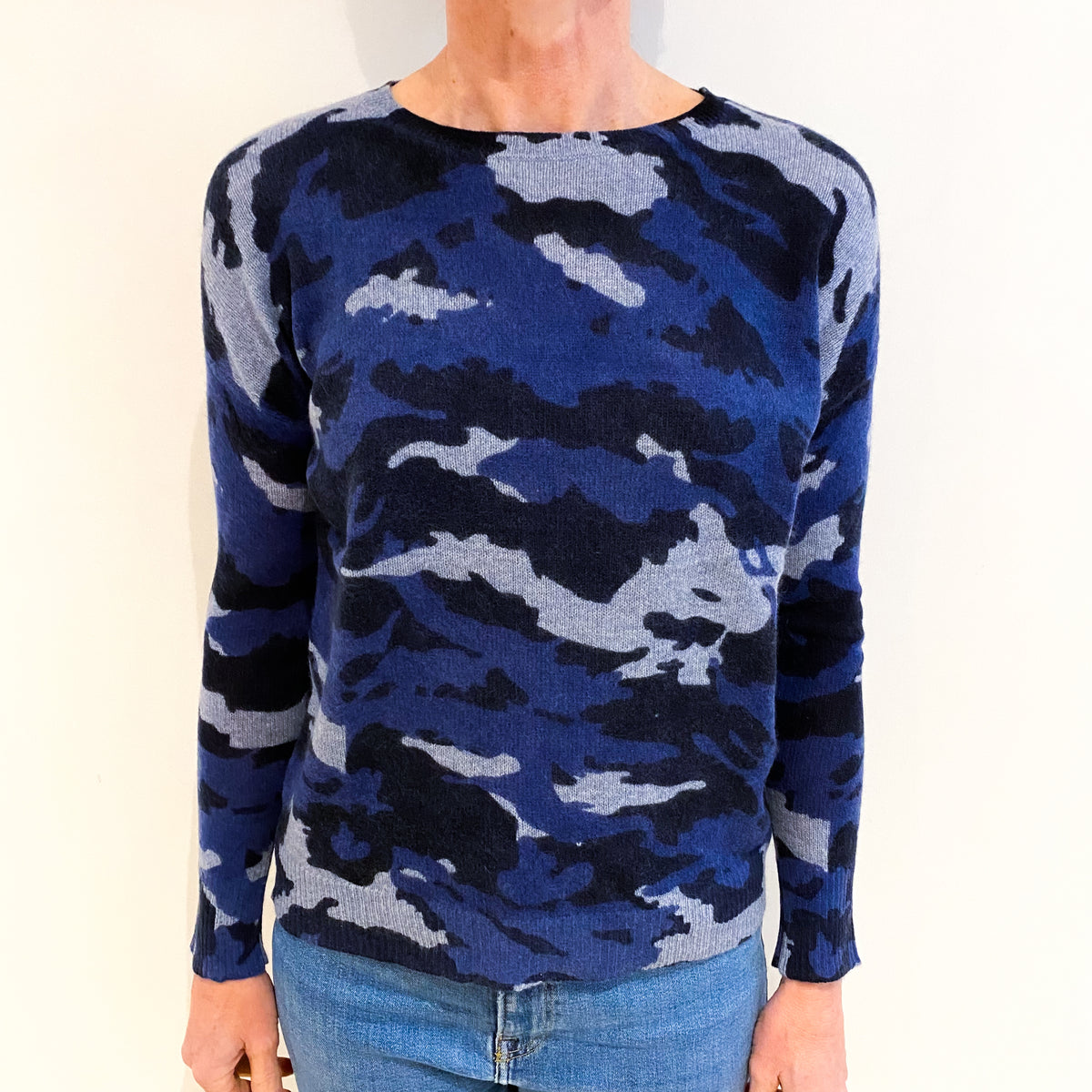 Blue Camouflage Cashmere Crew Neck Jumper Small