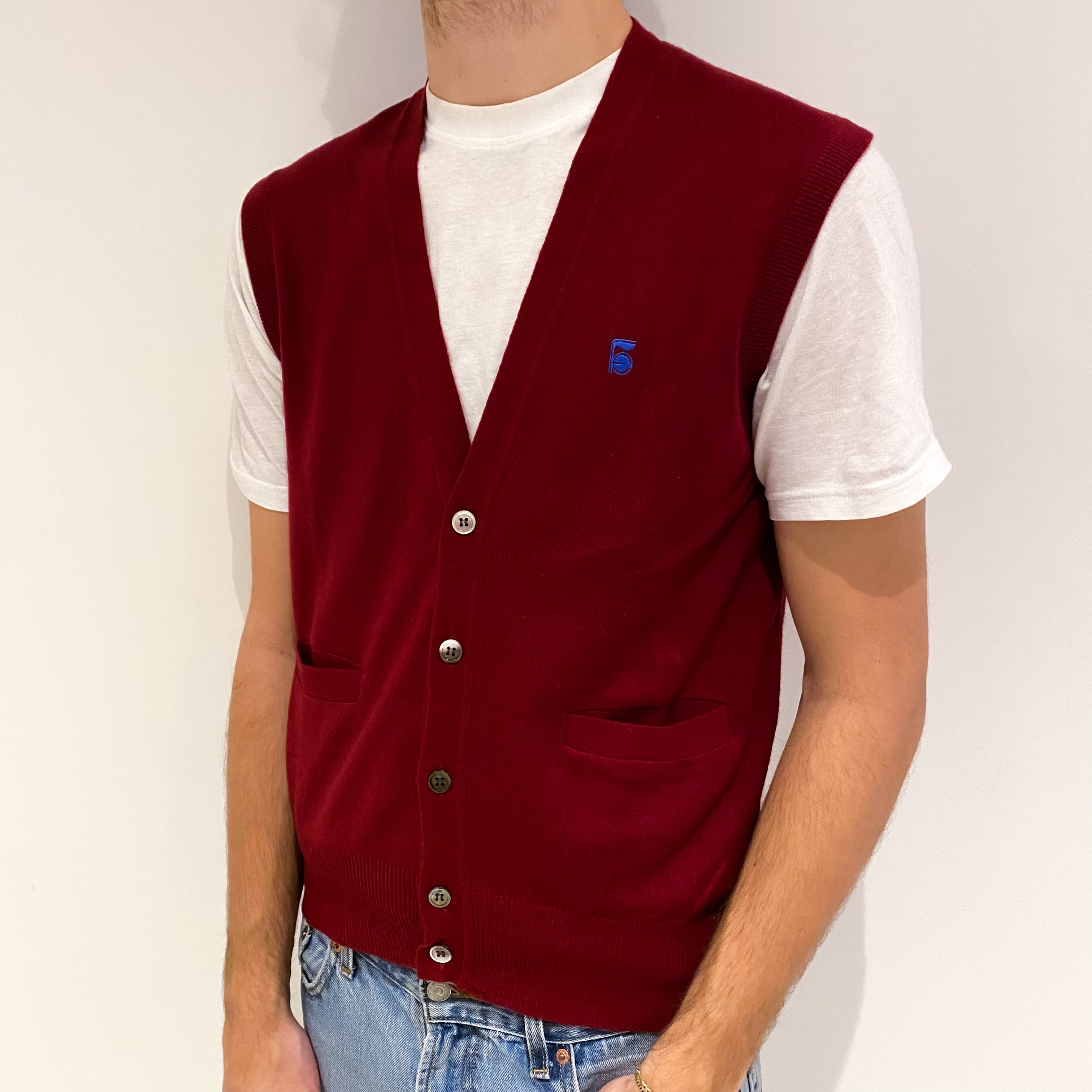 Men's Burgundy Red Cashmere V Neck Jumper Medium