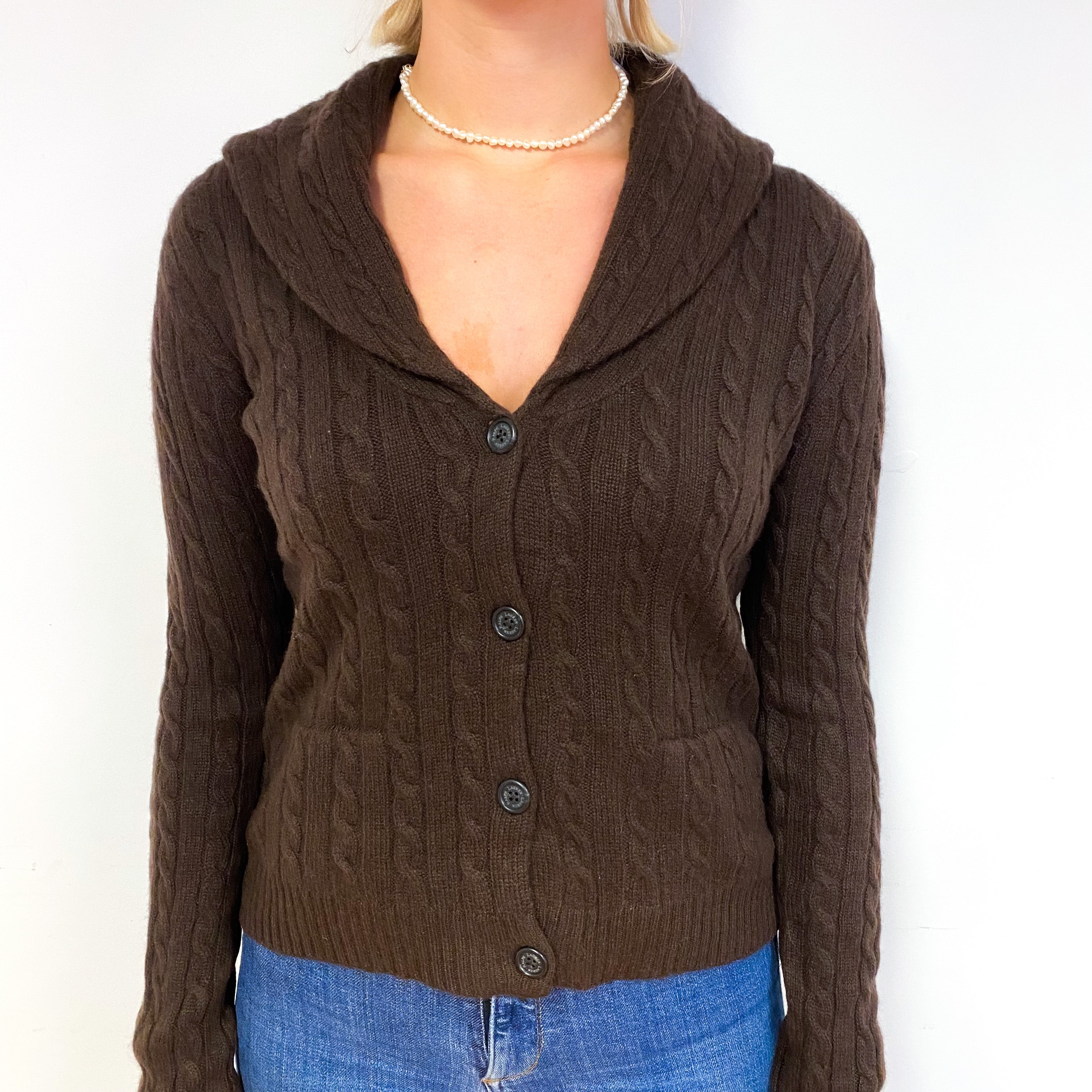 Ralph Lauren Chocolate Brown Cashmere Cable V-Neck Cardigan Small