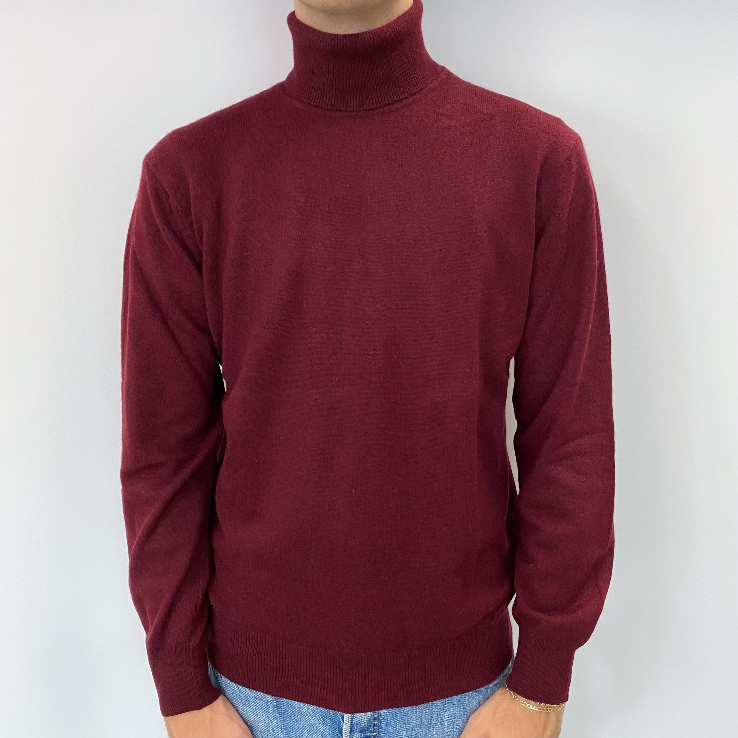 Men's Burgundy Red Cashmere Polo Neck Jumper Large