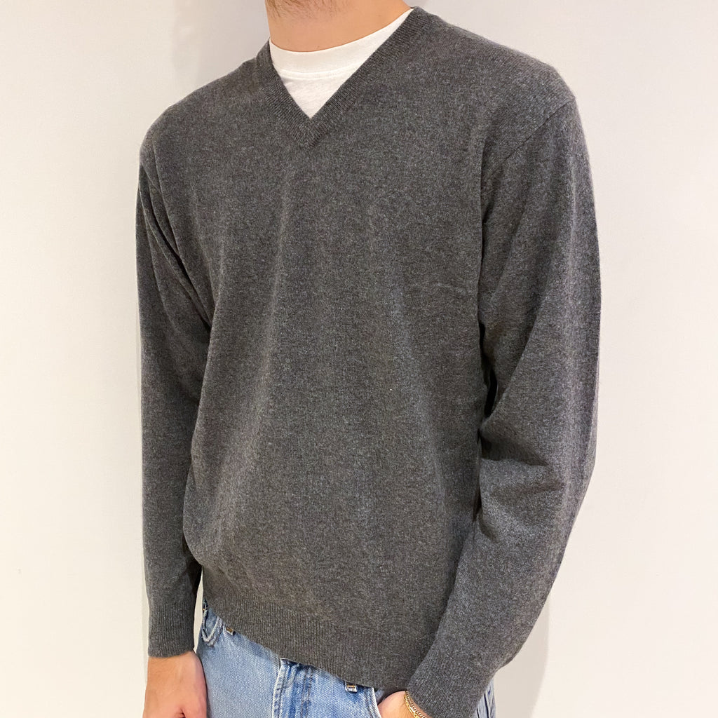 Men's Slate Grey Cashmere V Neck Jumper Medium