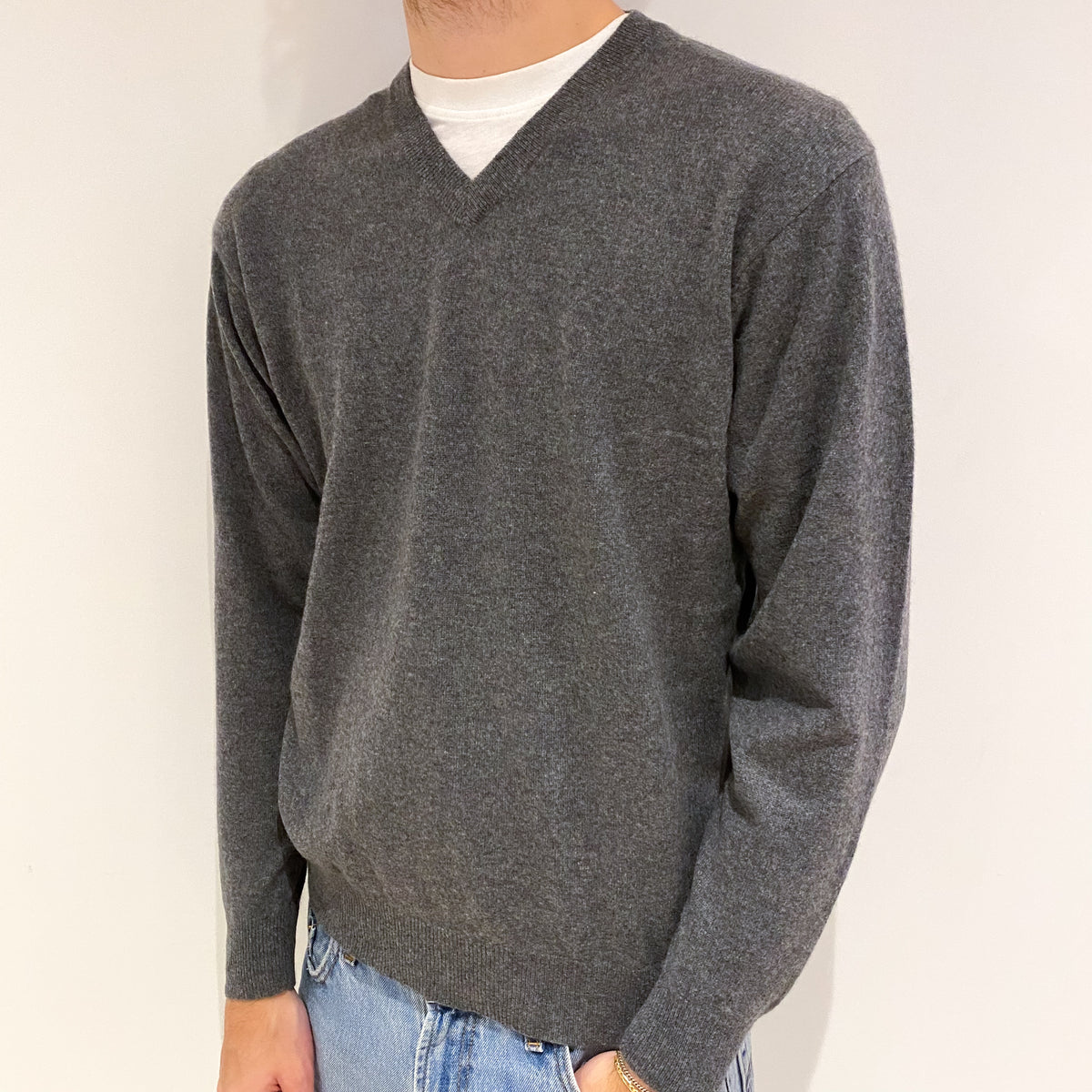 Men's Slate Grey Cashmere V Neck Jumper Medium