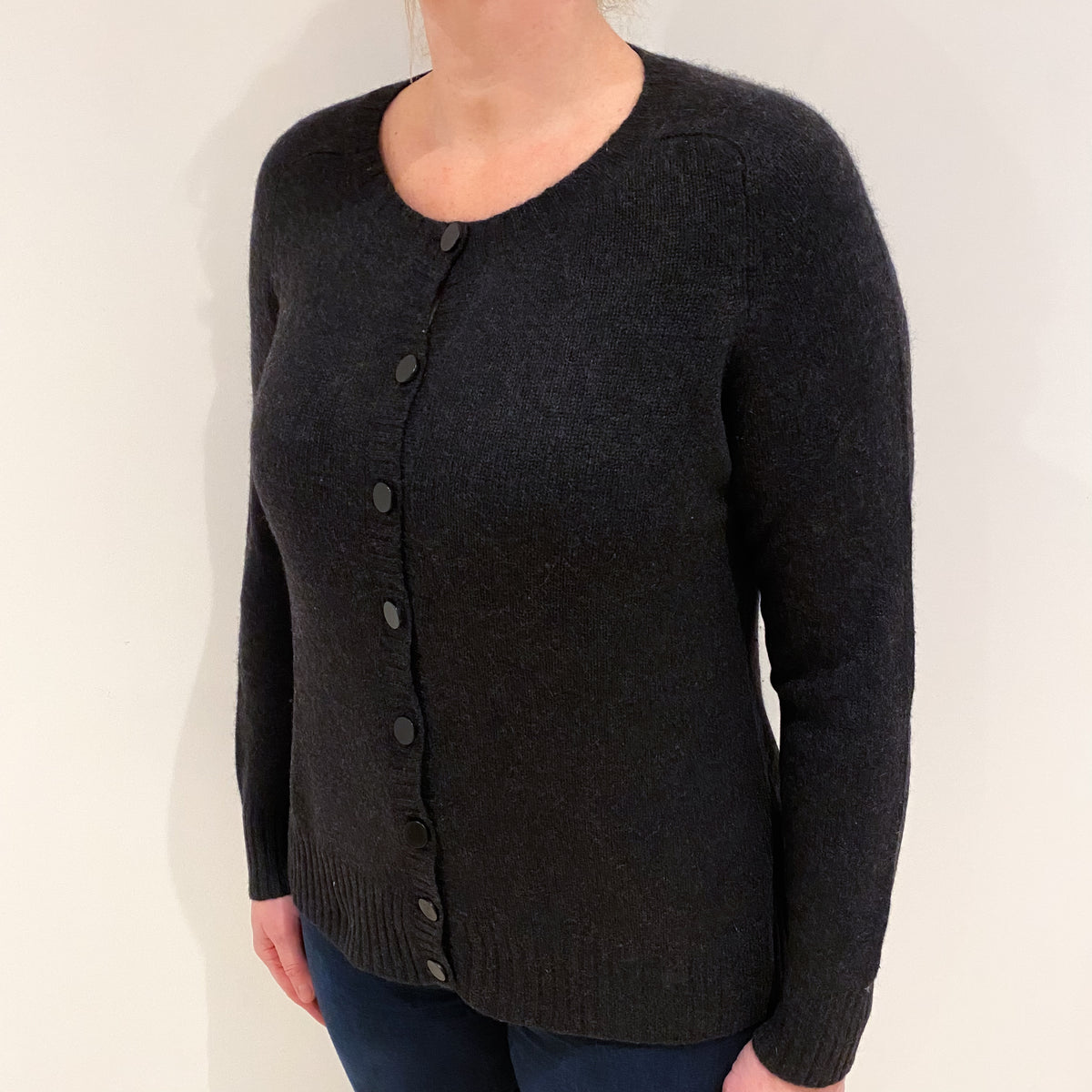 Dark Charcoal Grey Cashmere Crew Neck Cardigan Large