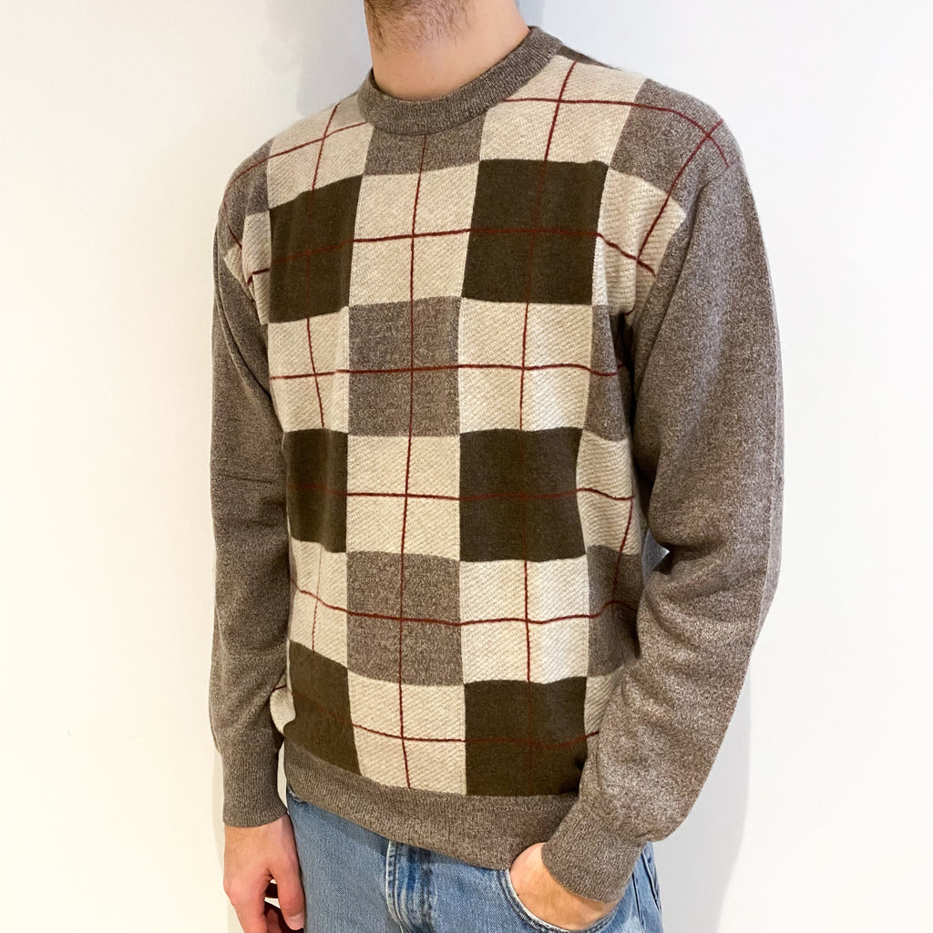 Men's Mocha Brown Checked Cashmere Crew Neck Jumper Large