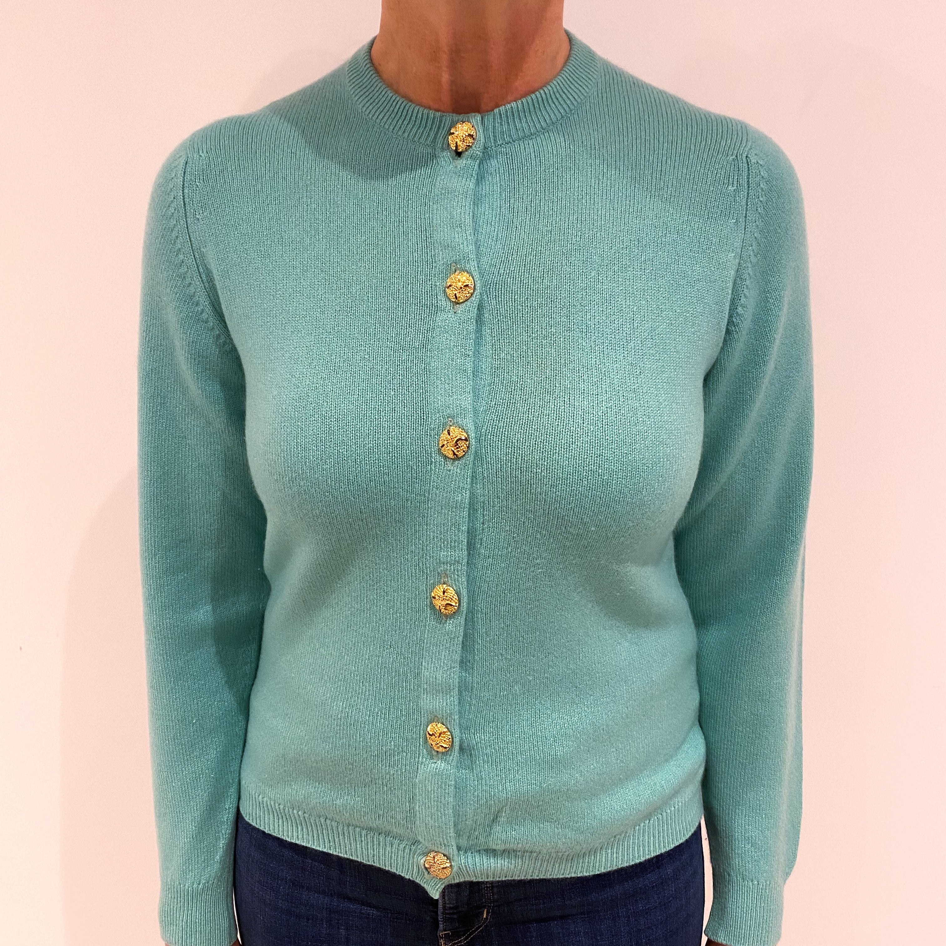 Scottish Vintage Aqua Green Cashmere Crew Cardigan Medium