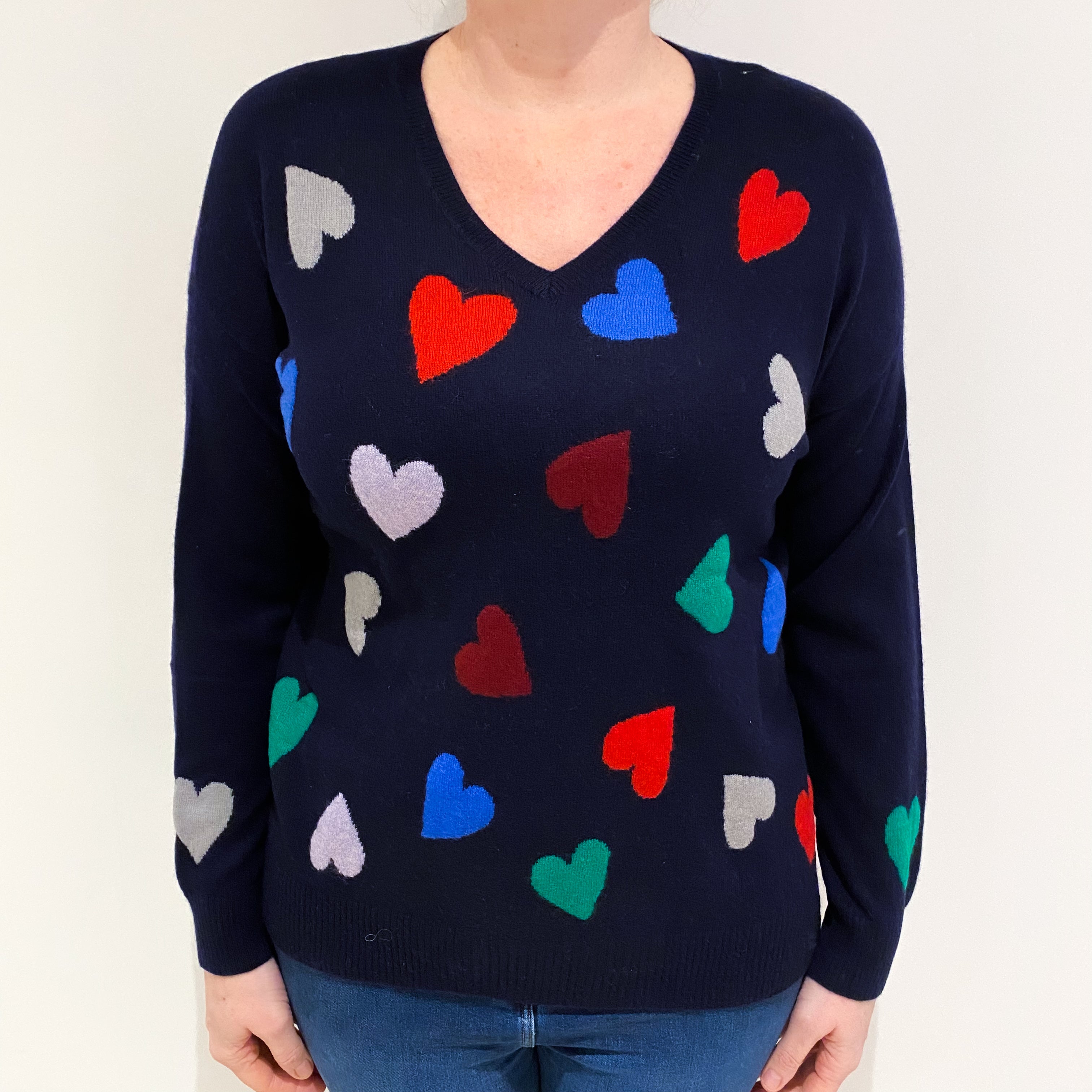Navy Colourful Heart Cashmere V Neck Jumper Large