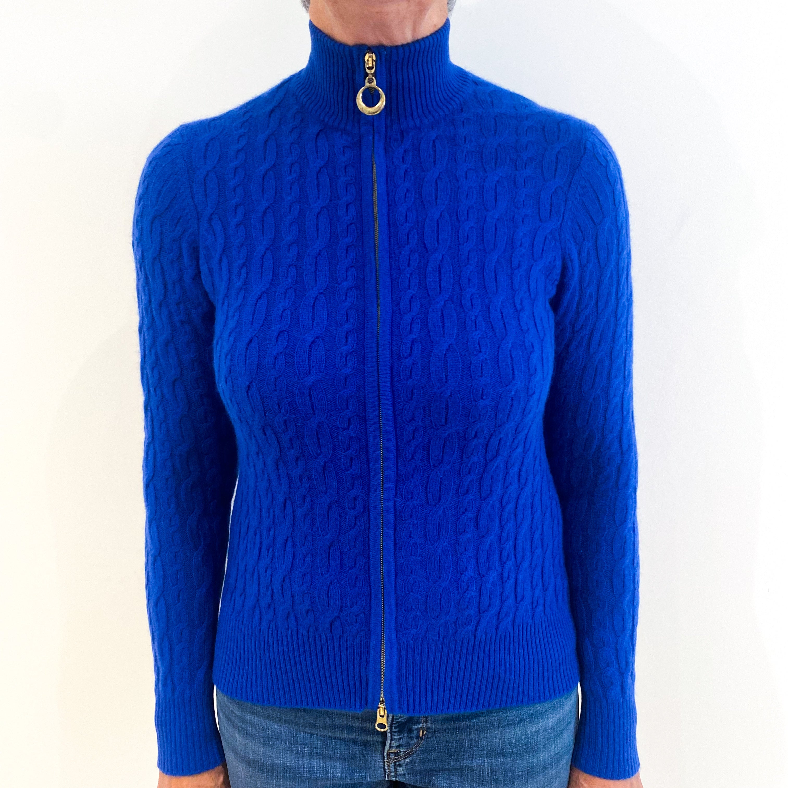 Cobalt Blue Cable Knit Cashmere Zip Up Polo Neck Cardigan Medium