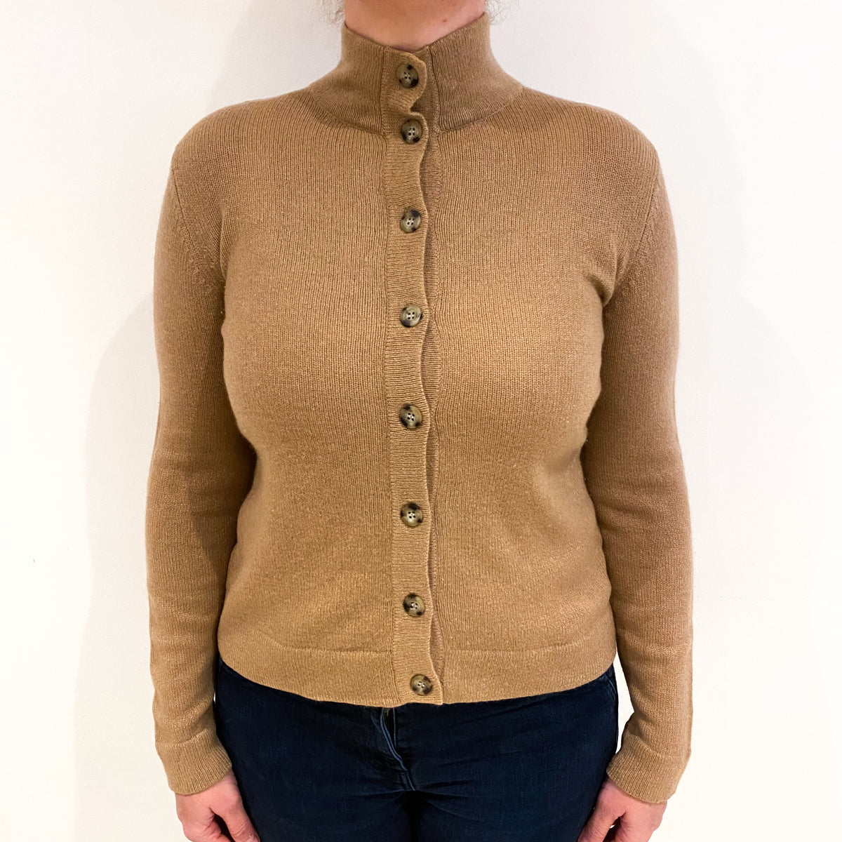 Camel Brown Cashmere Turtle Neck Cardigan Large