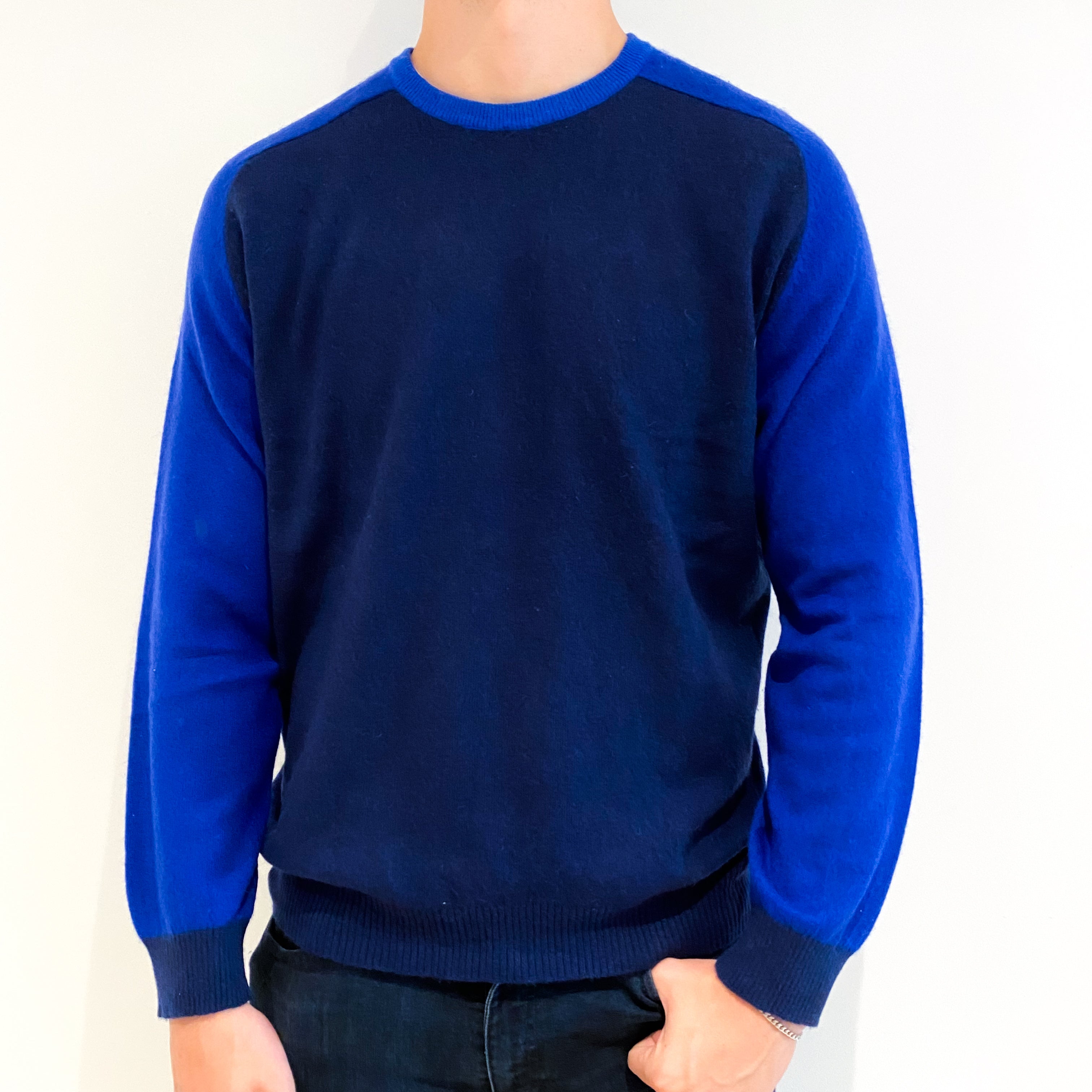 Men's Navy and Cobalt Blue Cashmere Crew Neck Jumper Extra Large