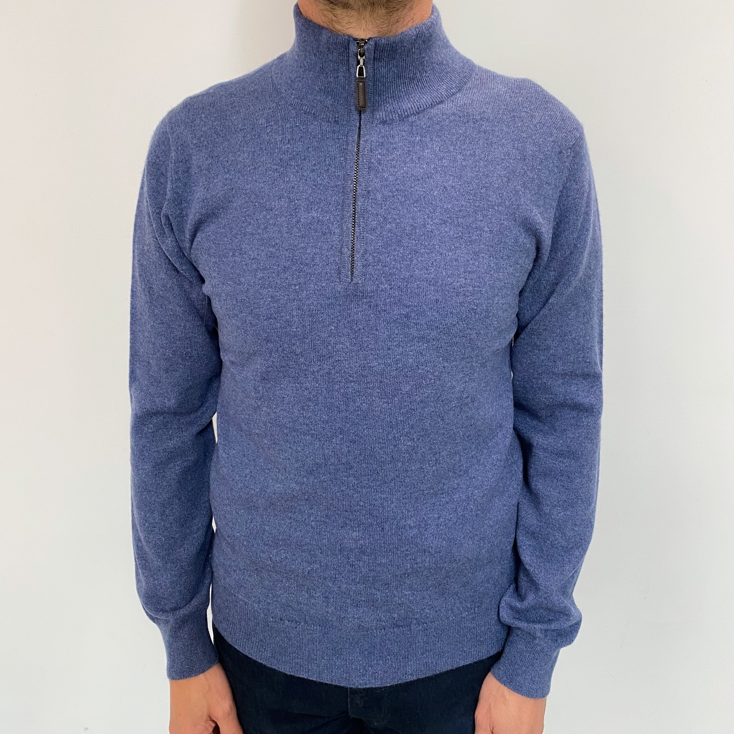 Men's New Scottish Deep Denim Blue Cashmere 1/4 Zip Neck Jumper Small