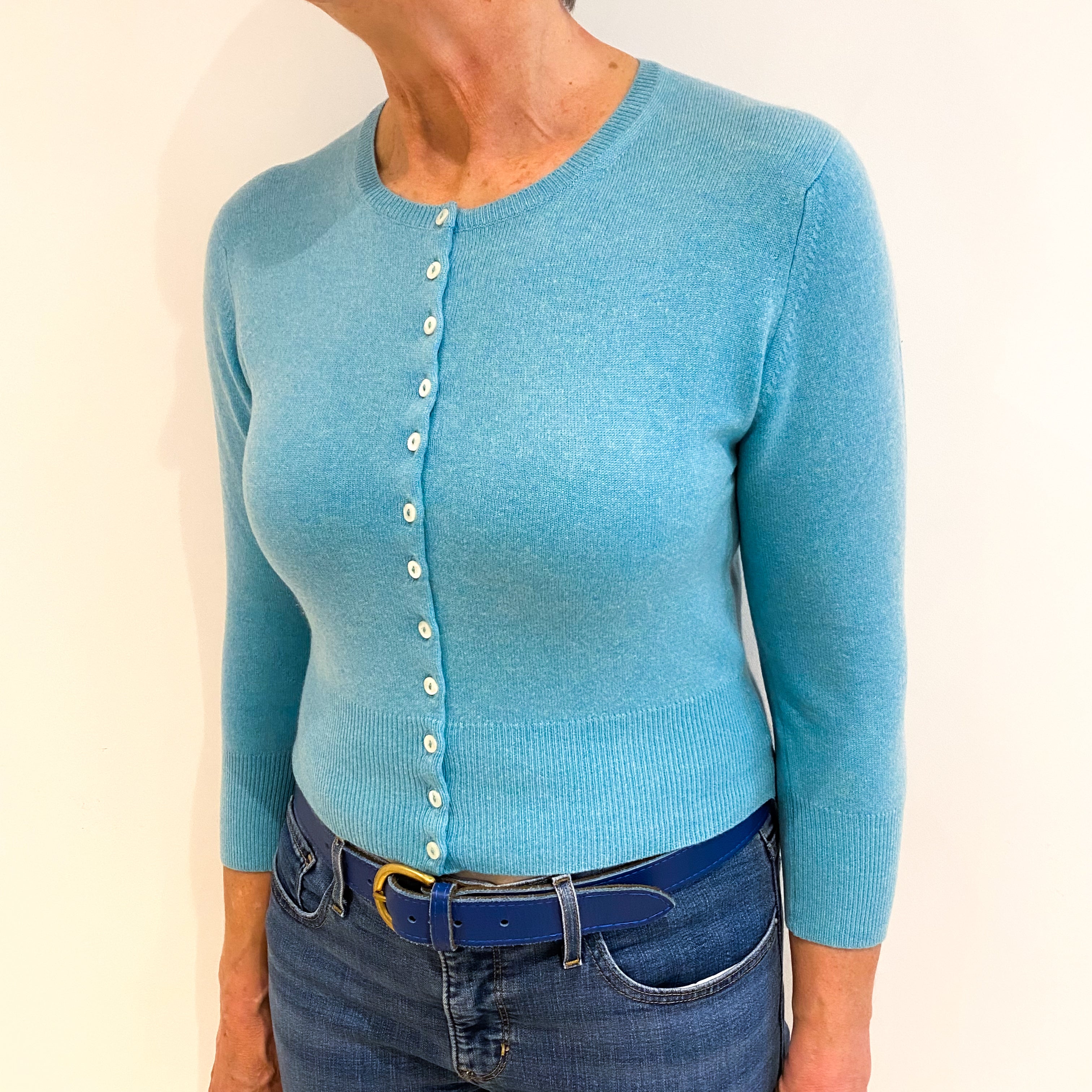Brora Aqua Blue Cashmere Crew Neck Cropped Cardigan Medium