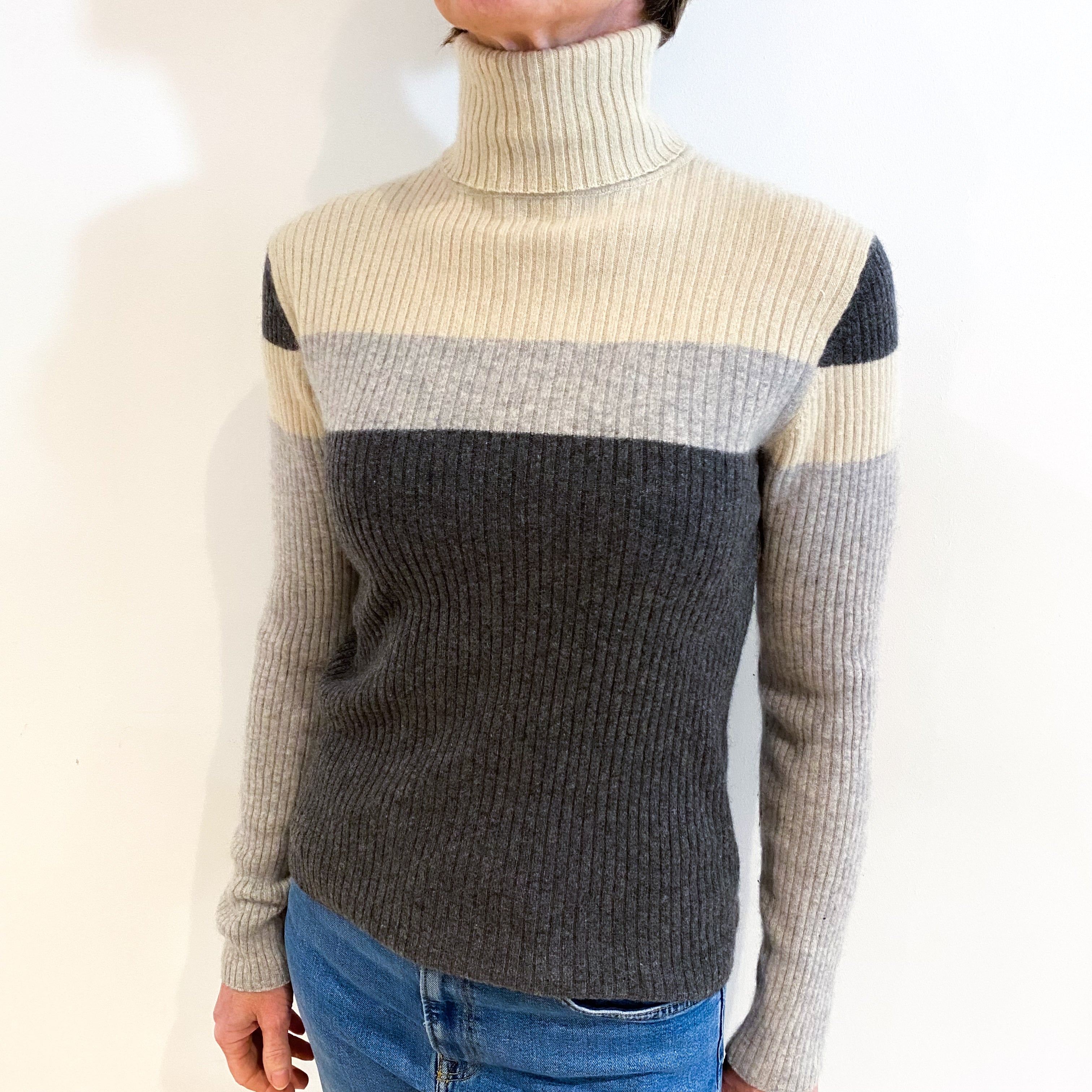 Grey and Oatmeal Rib Cashmere Polo Neck Jumper Small