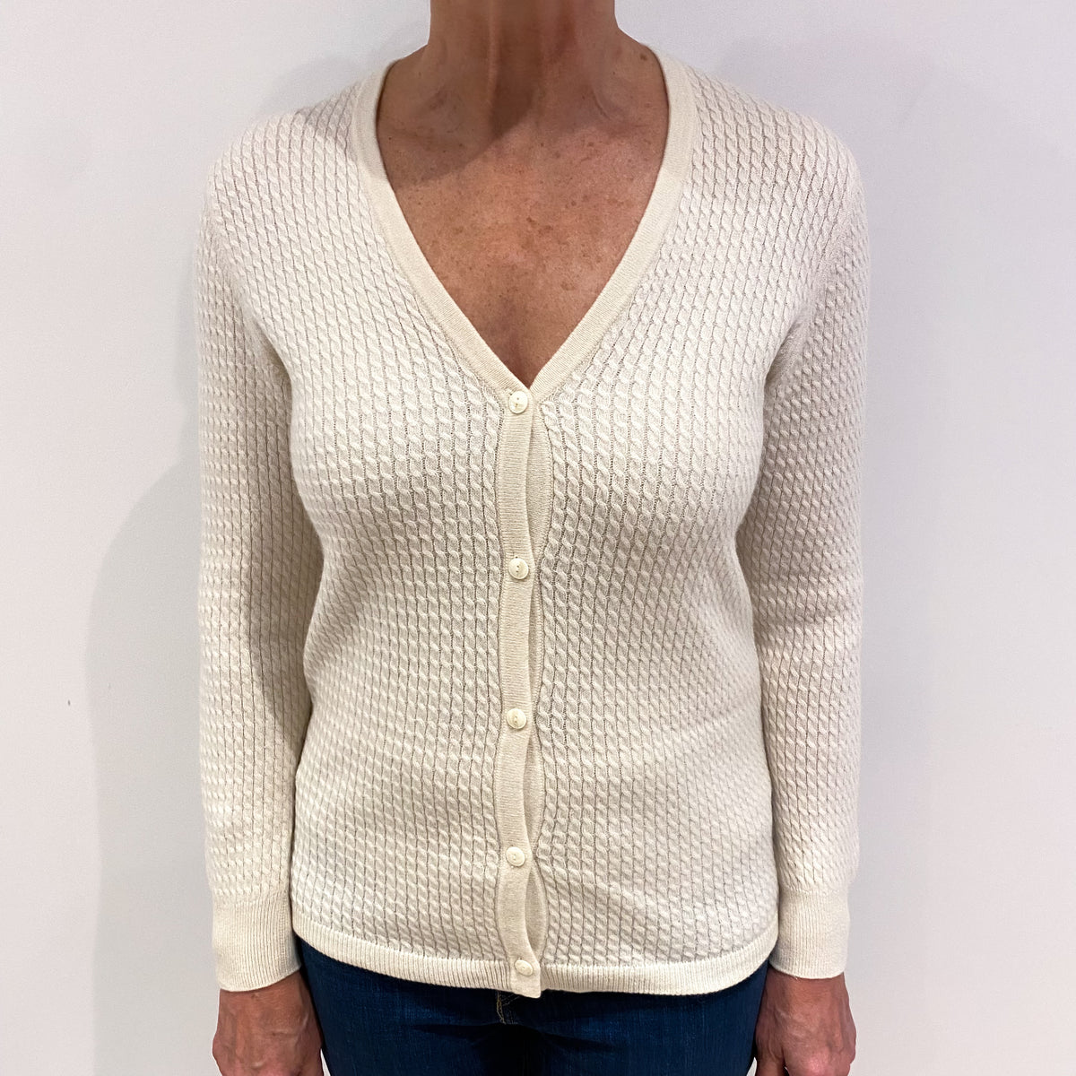 Ivory Cashmere Cable Knot Cardigan Medium