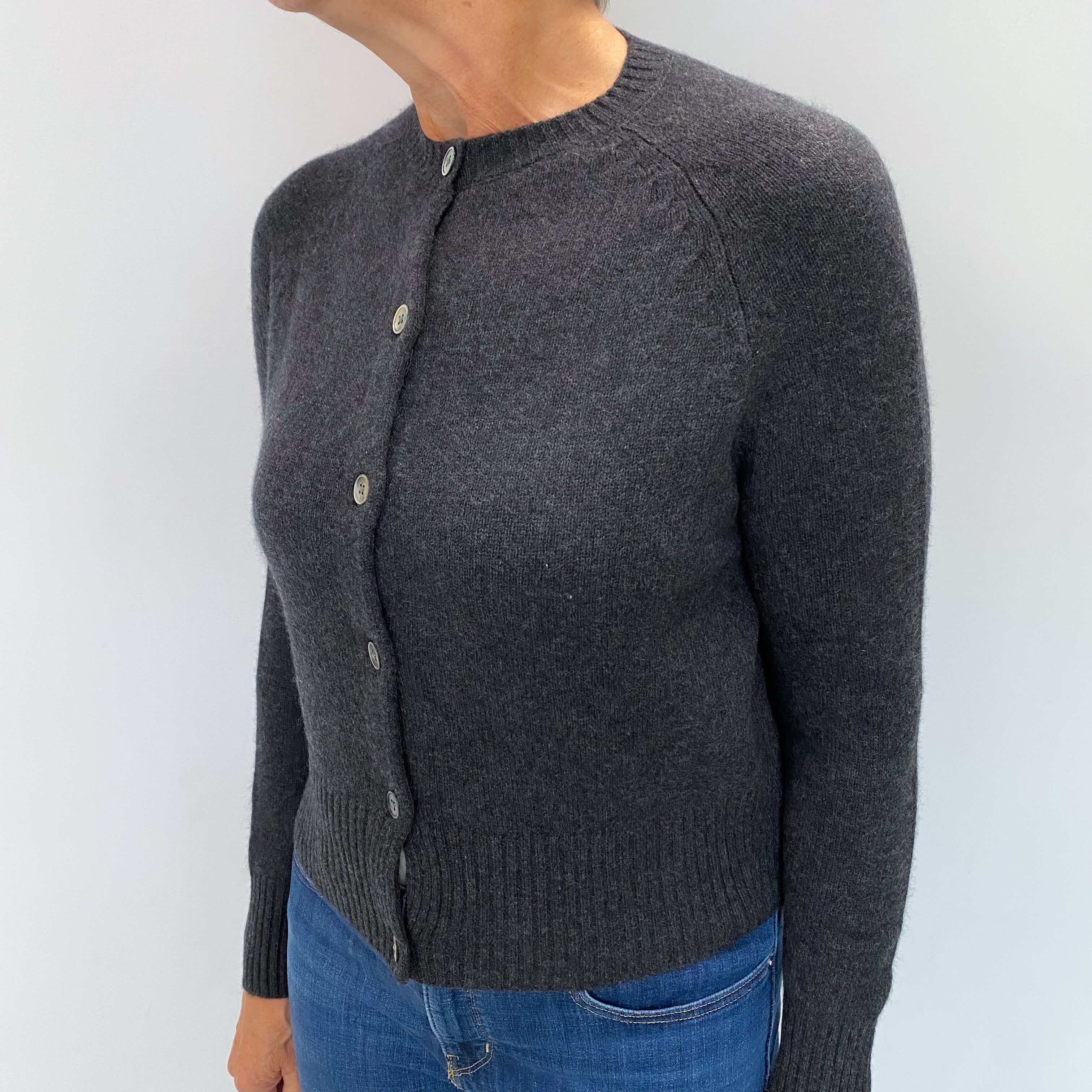 Charcoal Grey Cashmere Crew Neck Cardigan Medium