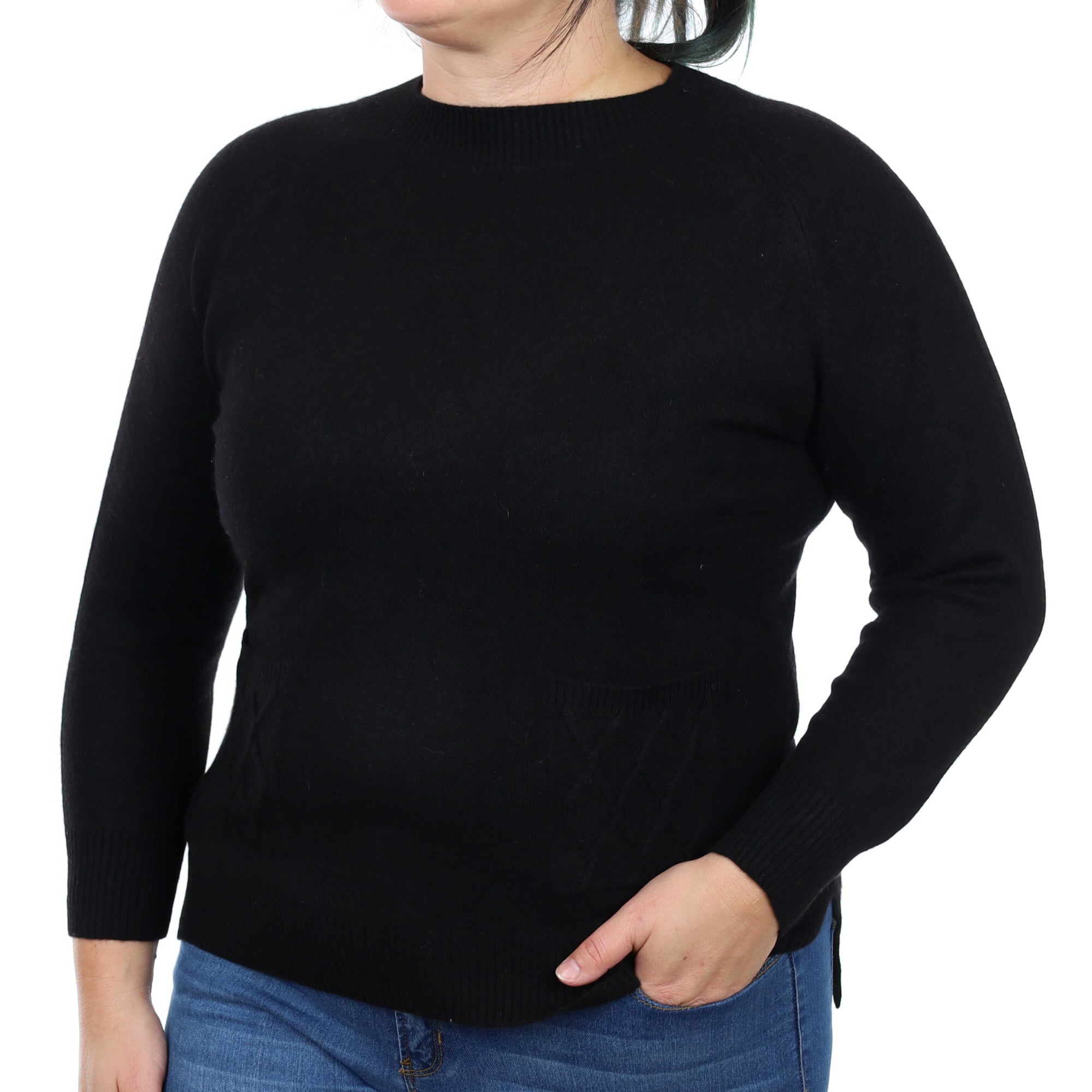 Black Cashmere Crew Neck Jumper with Pockets Large