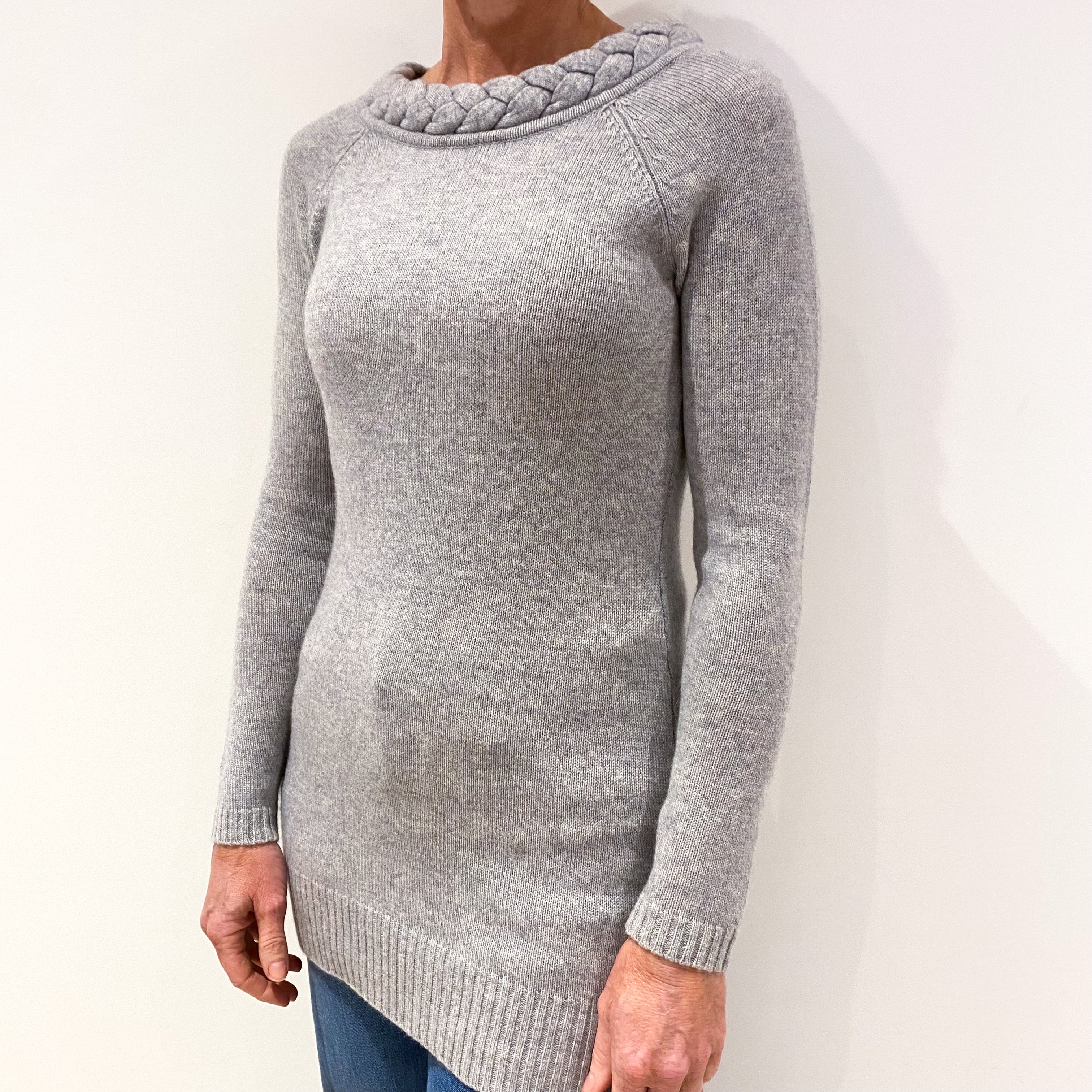 Smoke Grey Cashmere Plaited Crew Neck Tunic Jumper Small