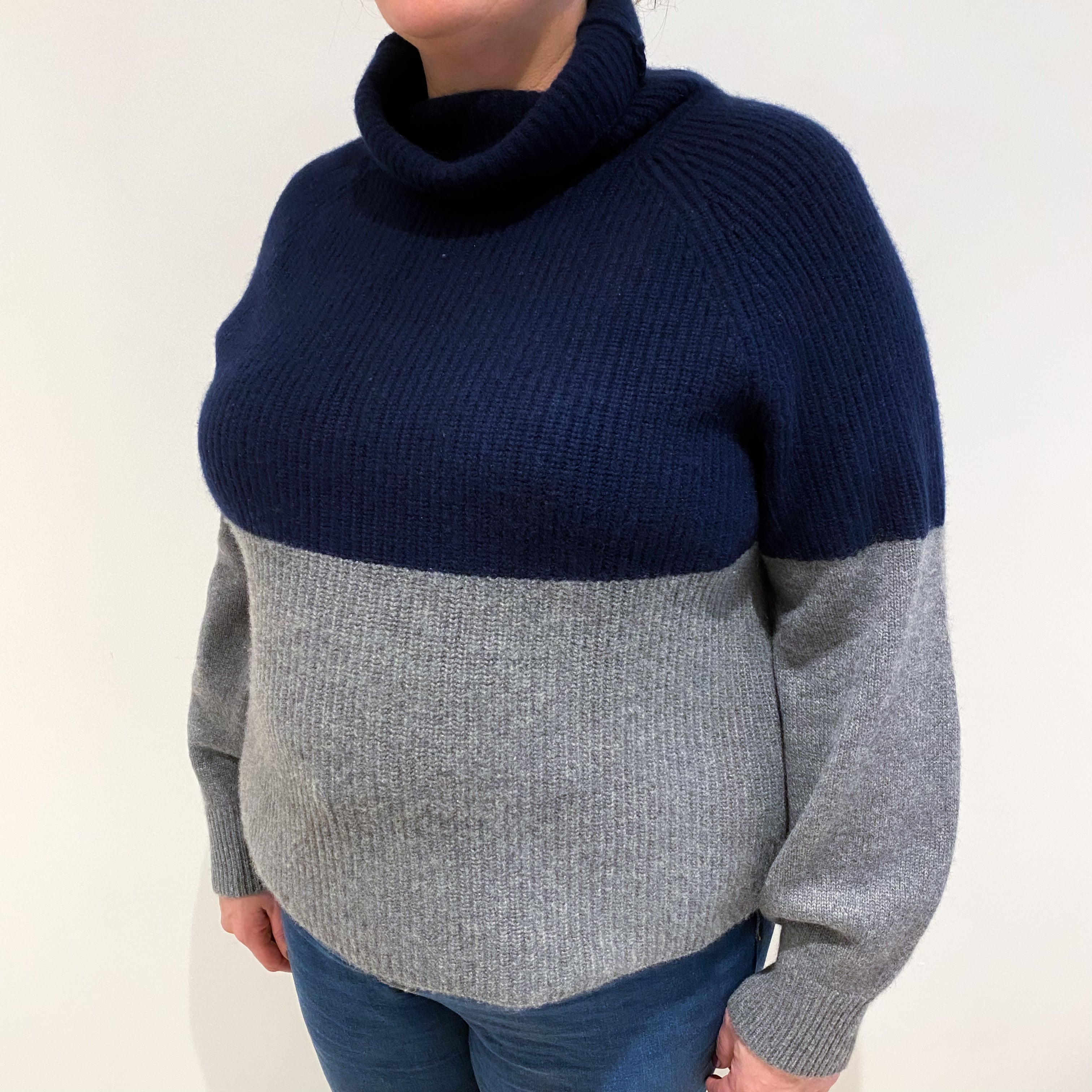 Navy And Smoke Colour Block Cashmere Polo Neck Ribbed Jumper Extra Large