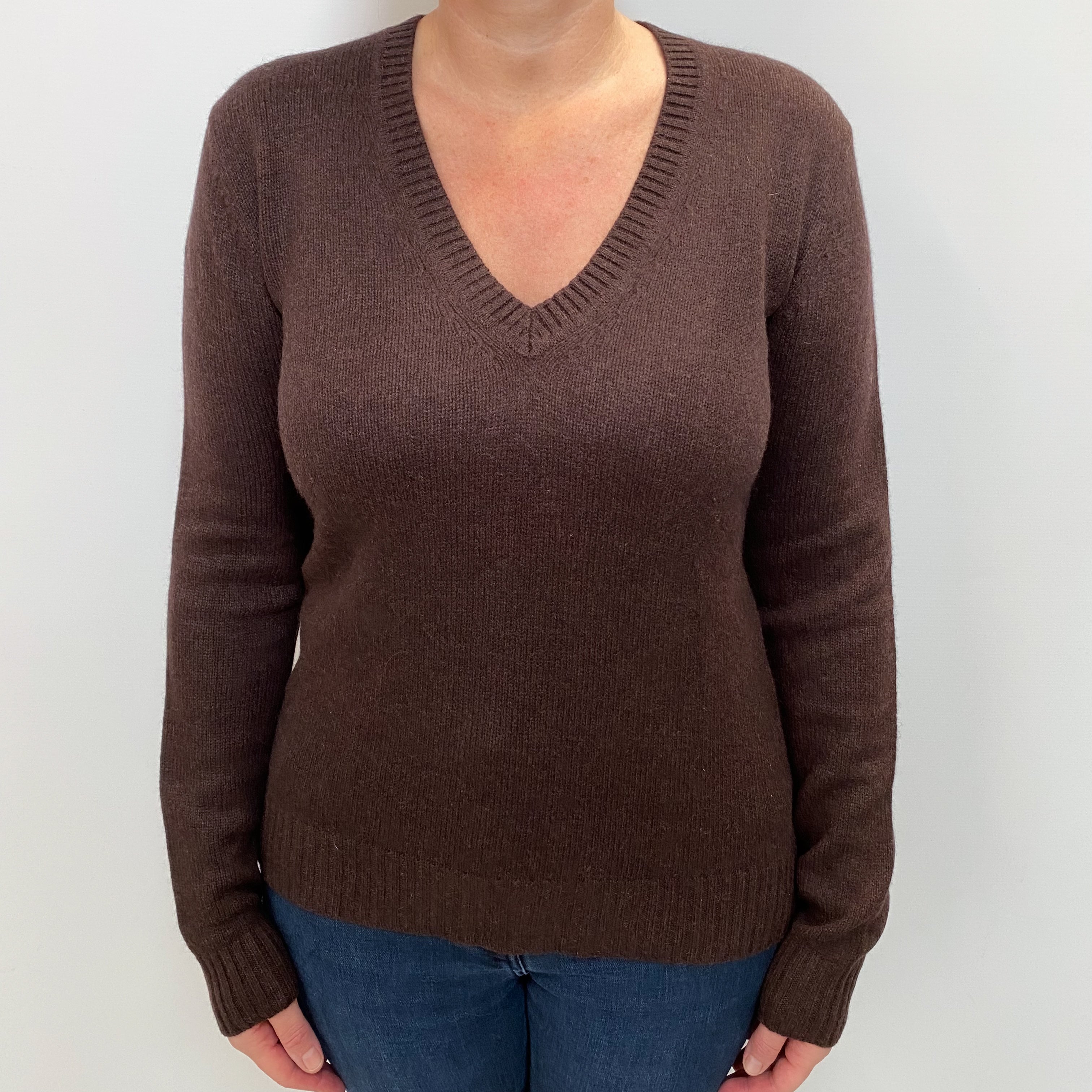 Peppercorn Brown Cashmere V Neck Jumper Large