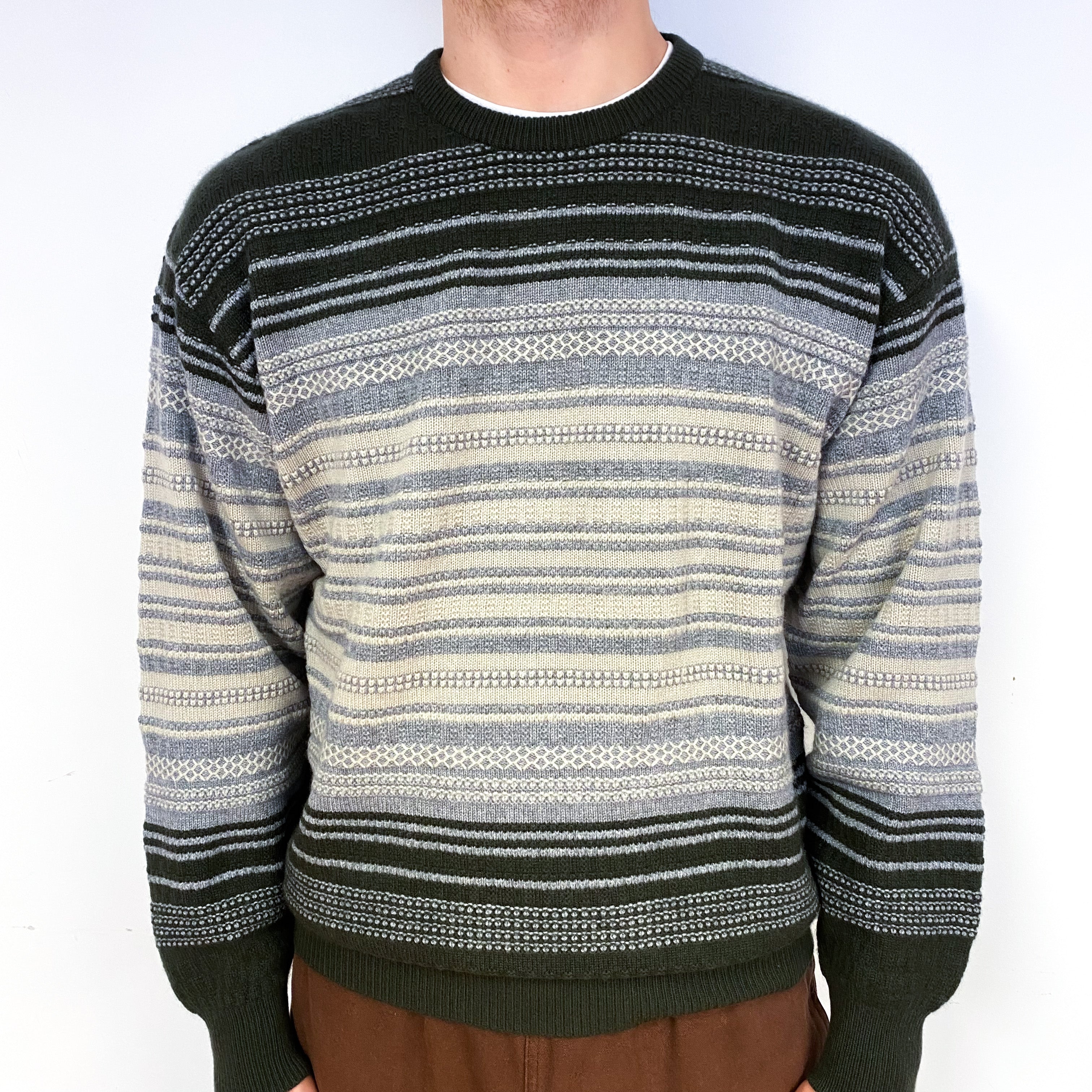 Men's Forest Green Grey Textured Stripe Cashmere Crew Neck Jumper Large