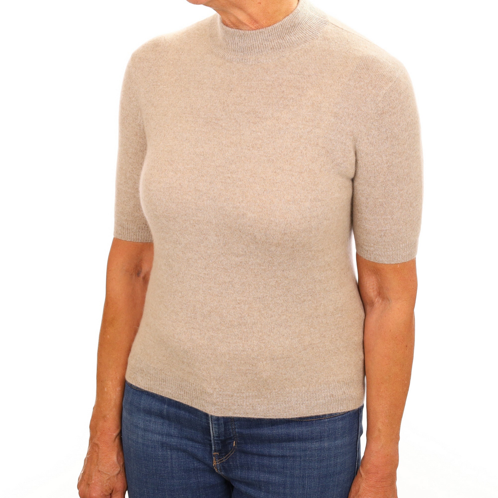 Fawn Beige Cashmere Turtle Neck Short Sleeved Jumper Medium