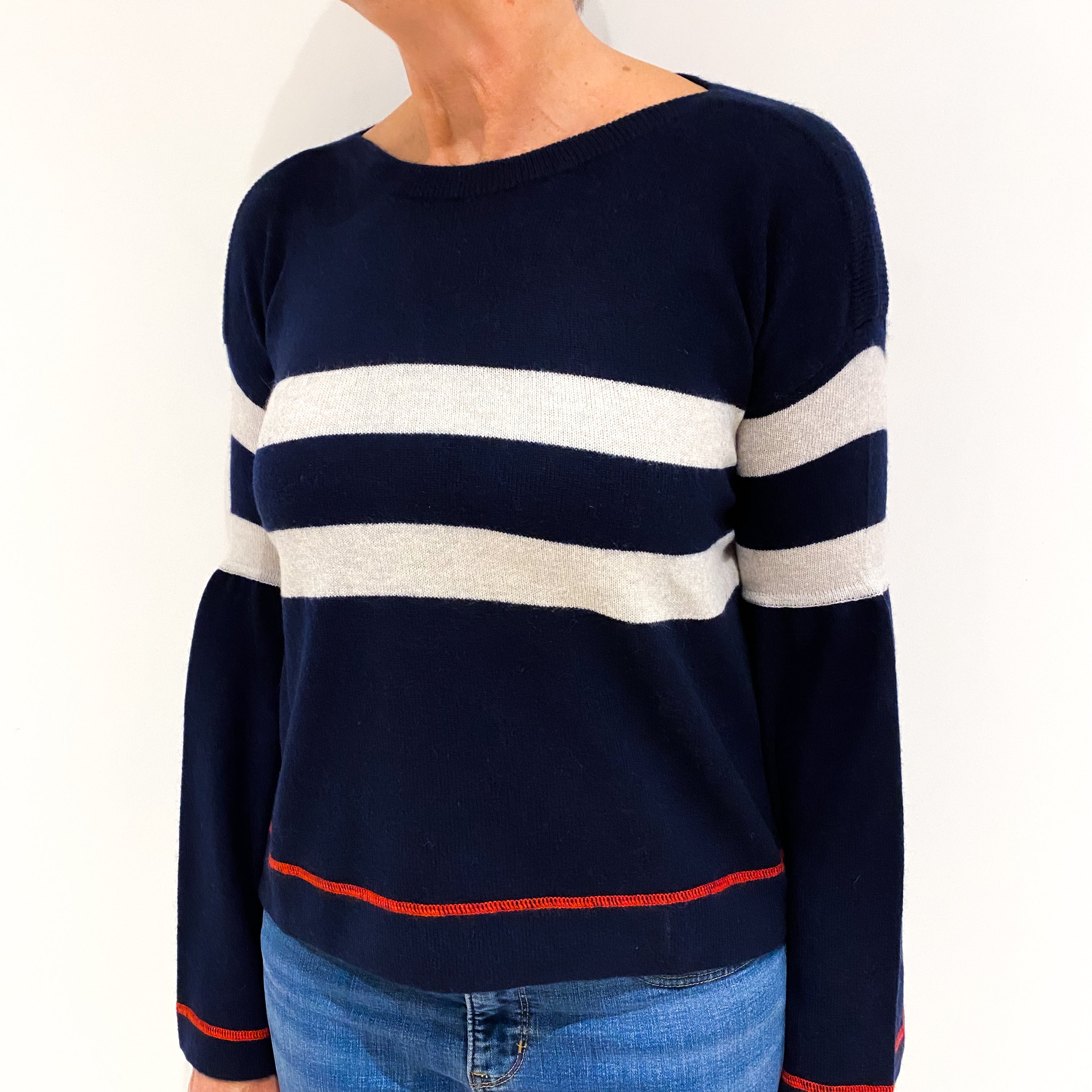 Navy Grey Stripe Cashmere Boxy Slash Neck Jumper Medium
