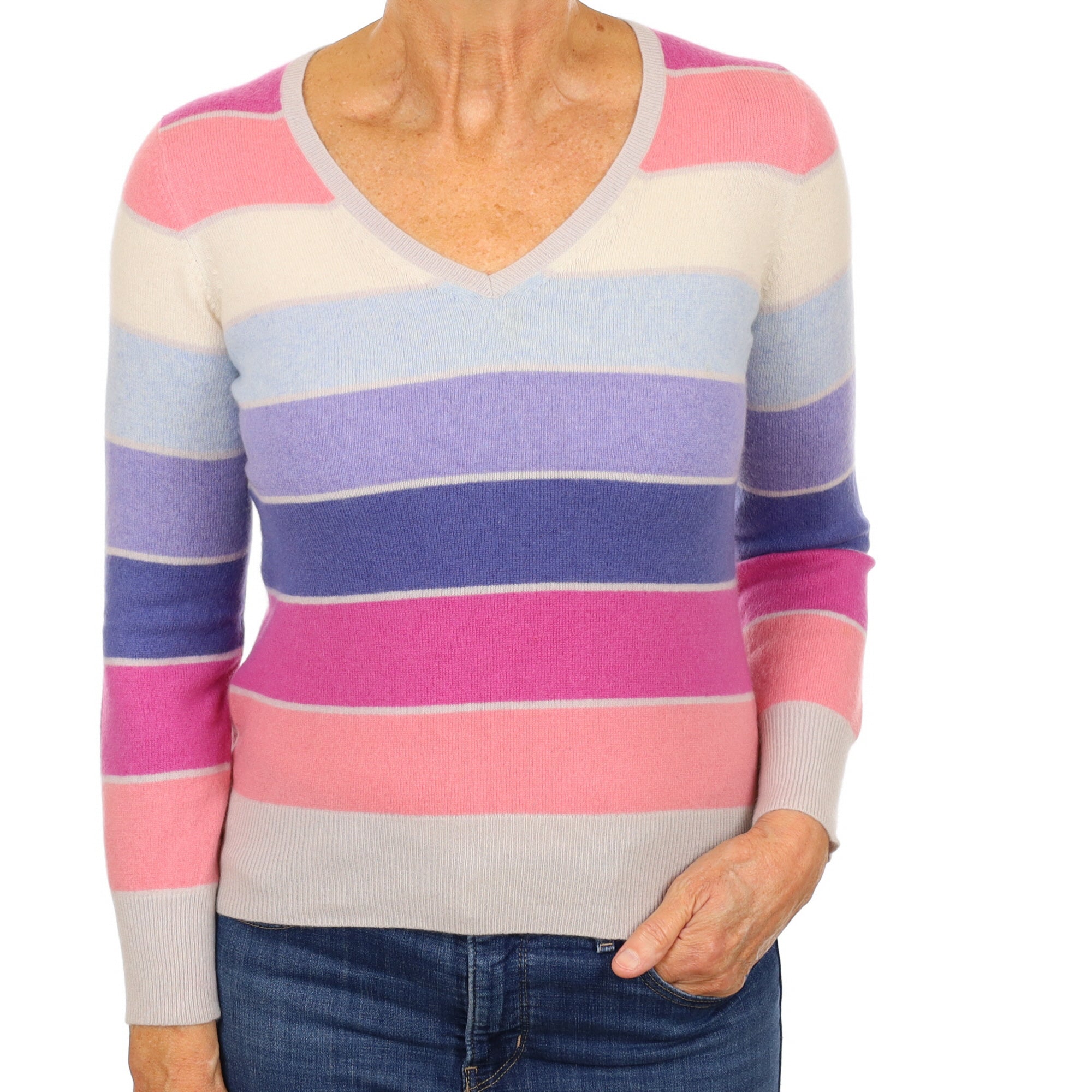 Grey and Multicoloured Striped Cashmere V Neck Jumper Medium