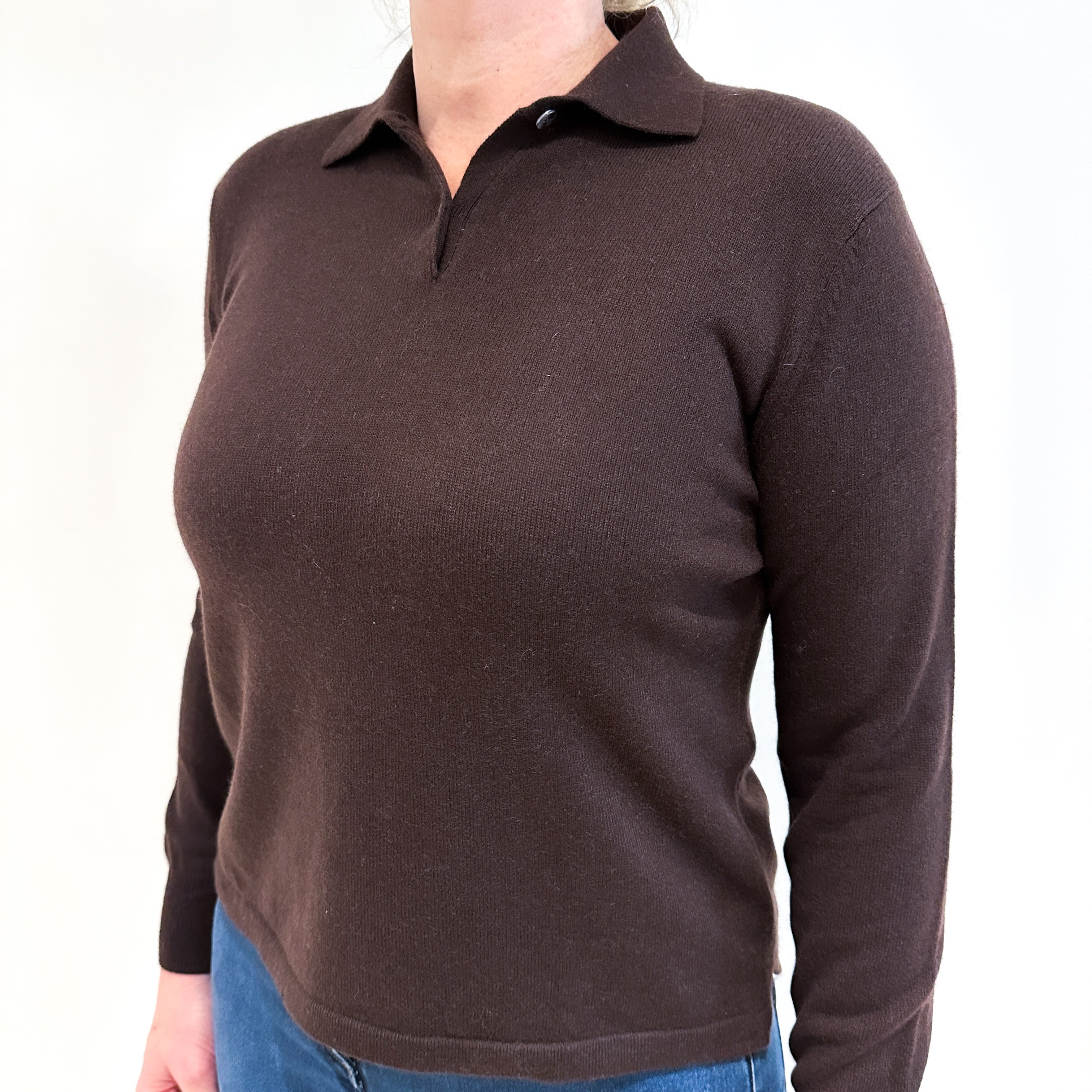 Dark Chocolate Brown Cashmere Collared 1/4 Button Jumper Large