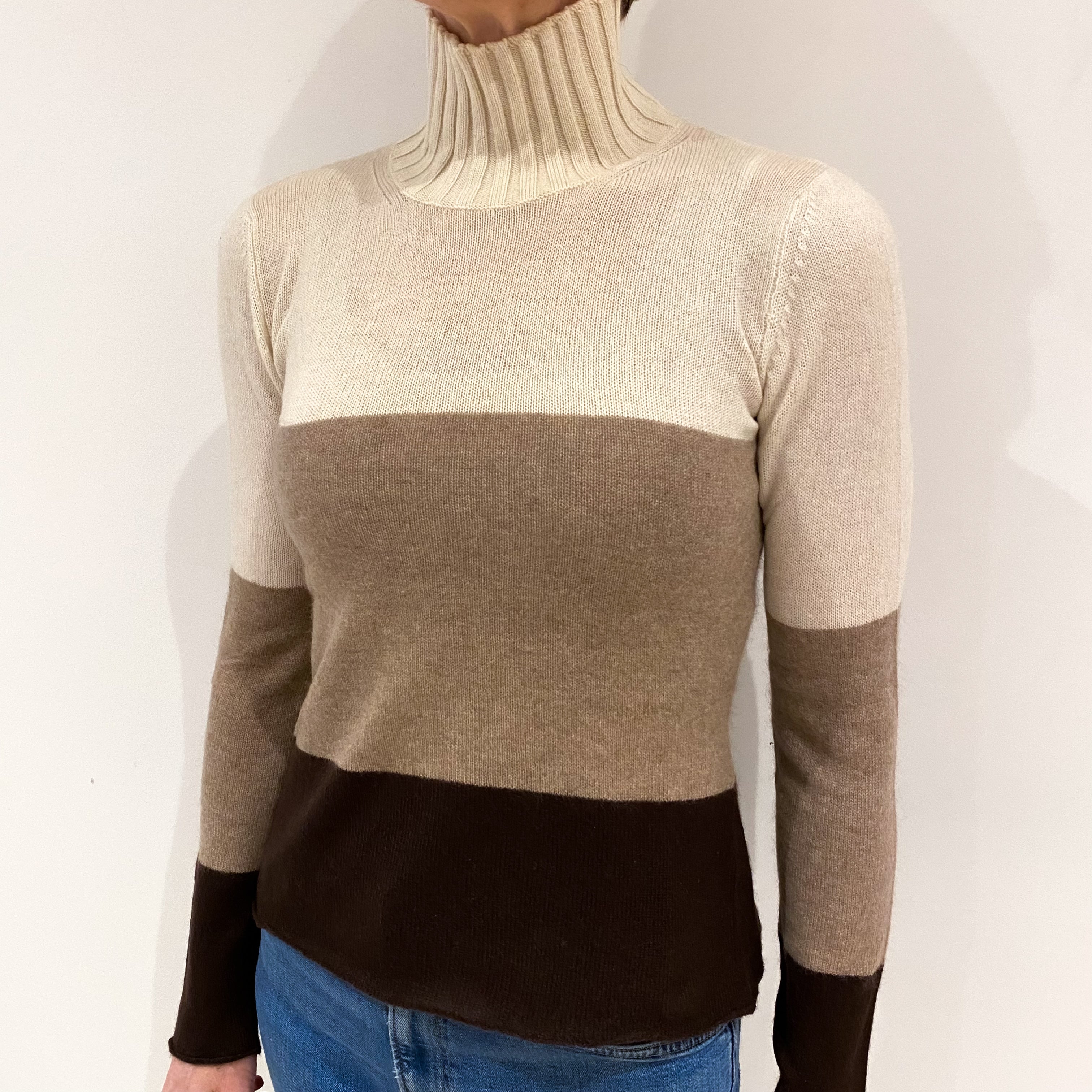 Colour Block Cashmere Funnel Neck Jumper Small