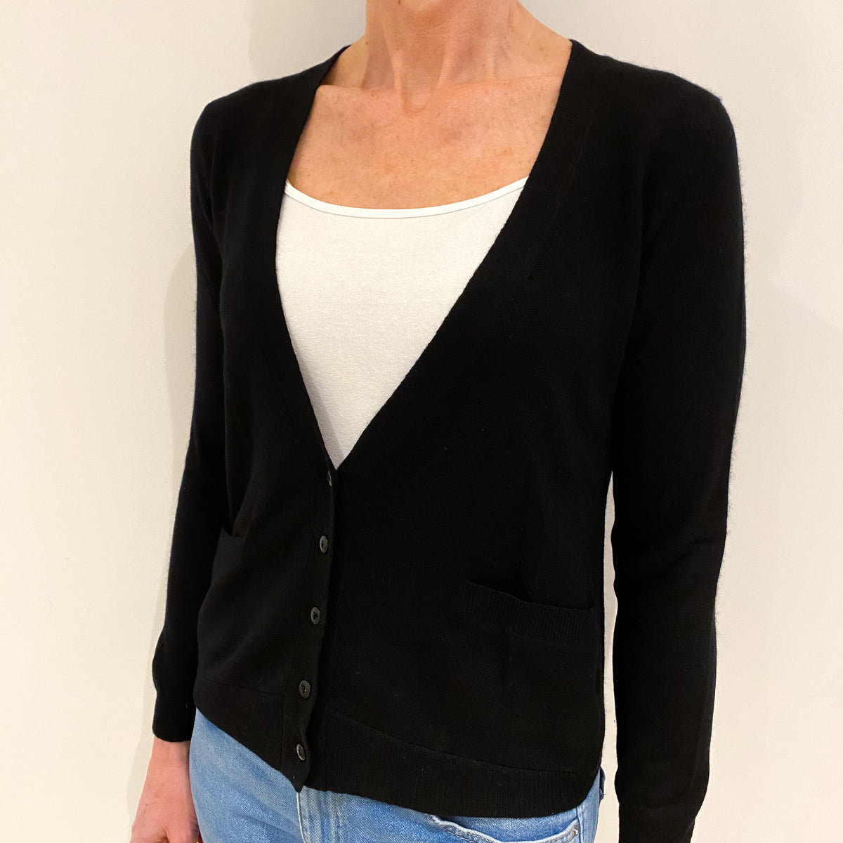 Black Cashmere V Neck Cardigan with Pockets Small