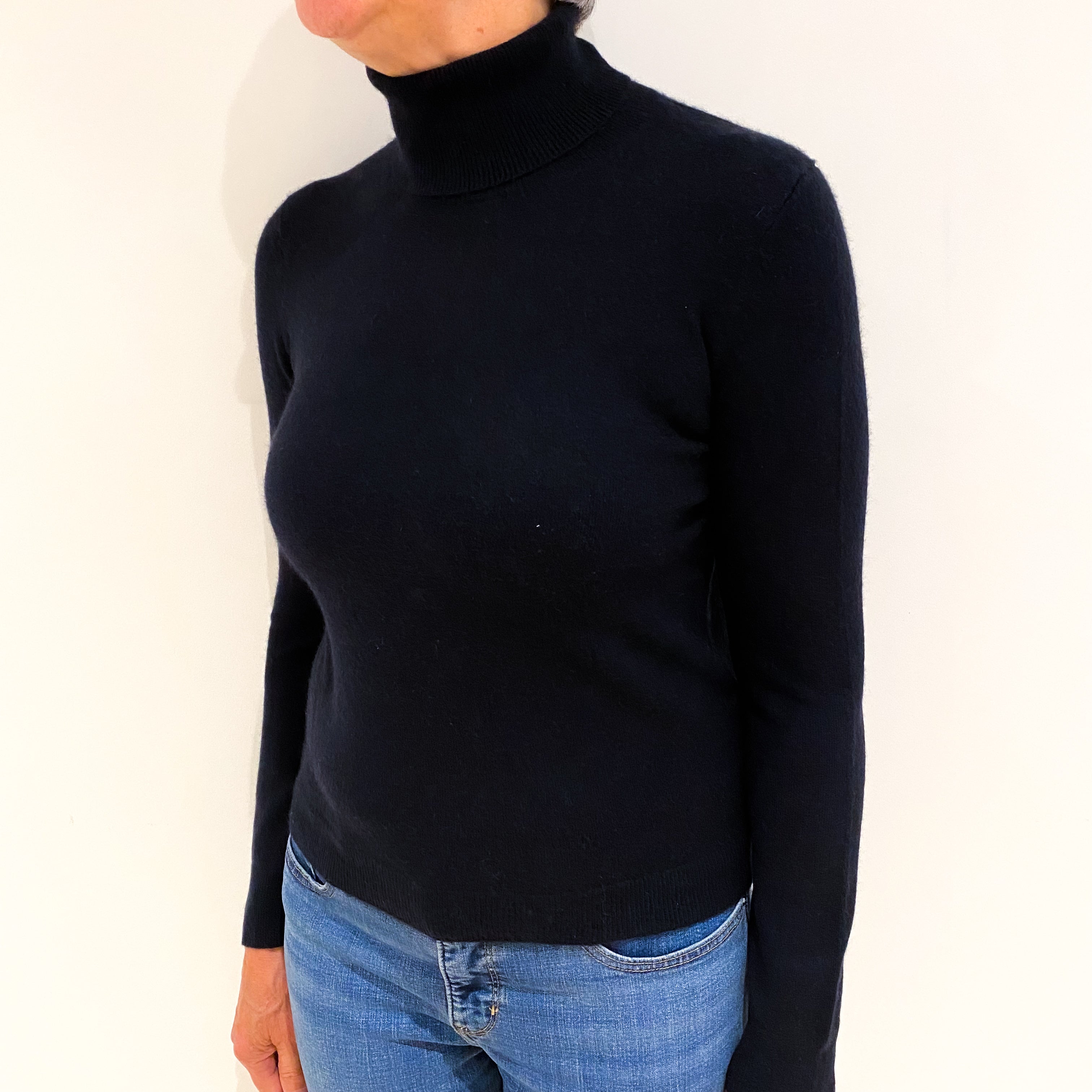 Dark Navy Blue Cashmere Polo Neck Jumper Medium