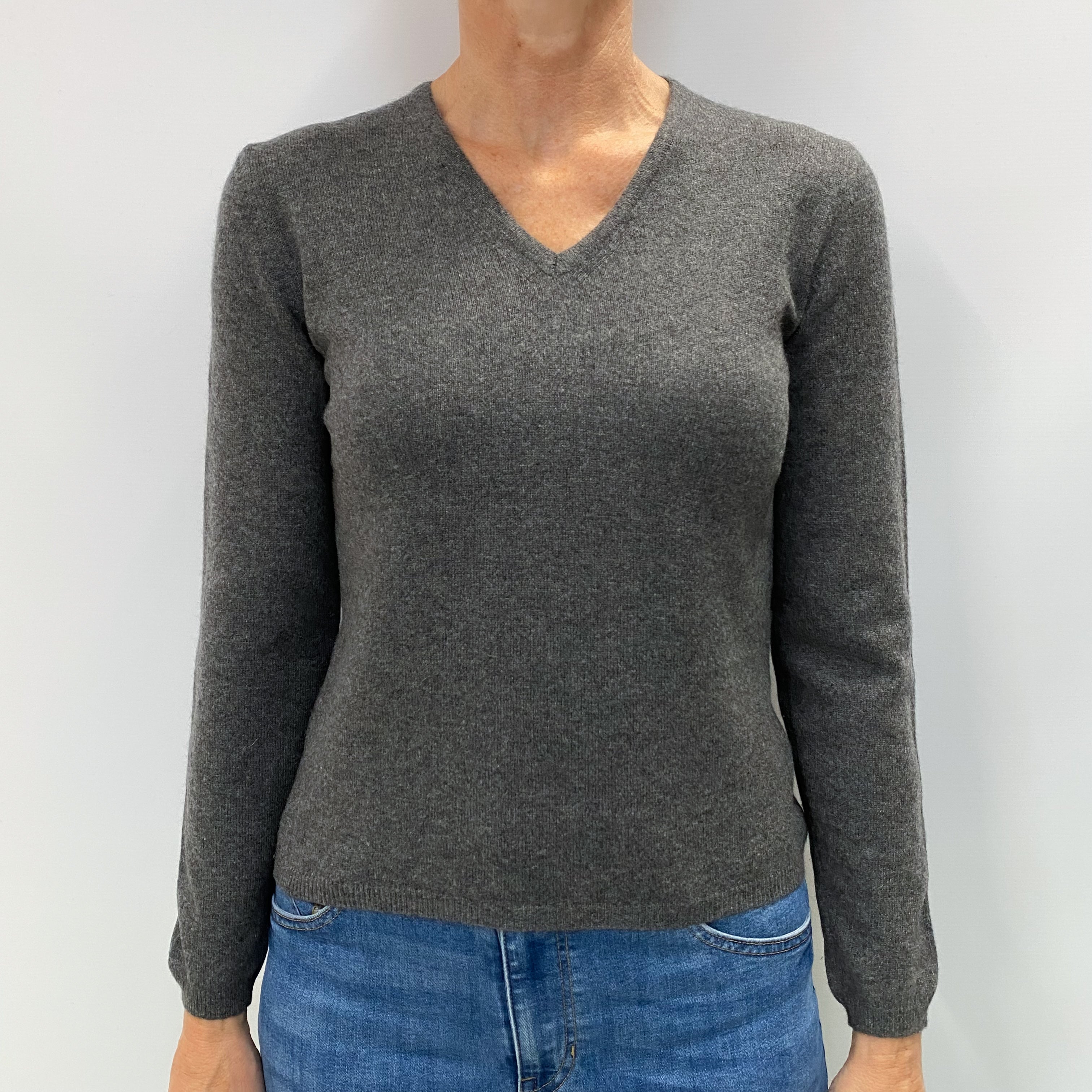 Slate Grey Cashmere V Neck Jumper Small
