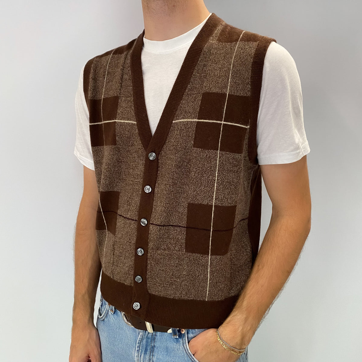 Men's Brown Checked Cashmere V Neck Sleeveless Cardigan Medium